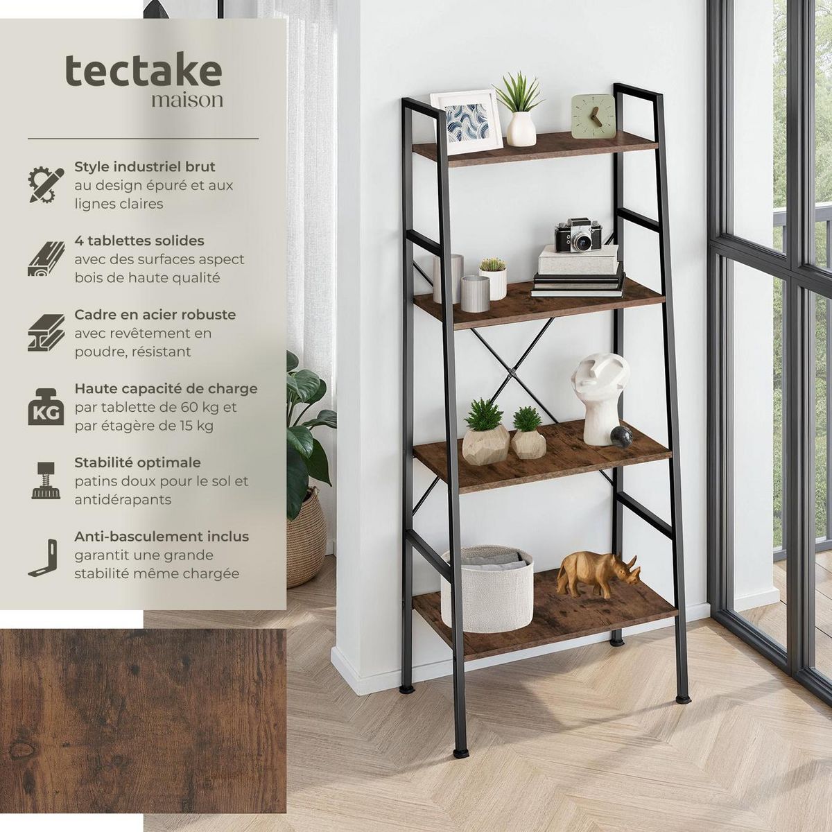 tectake Étagère style industriel Bois foncé industriel, rustique