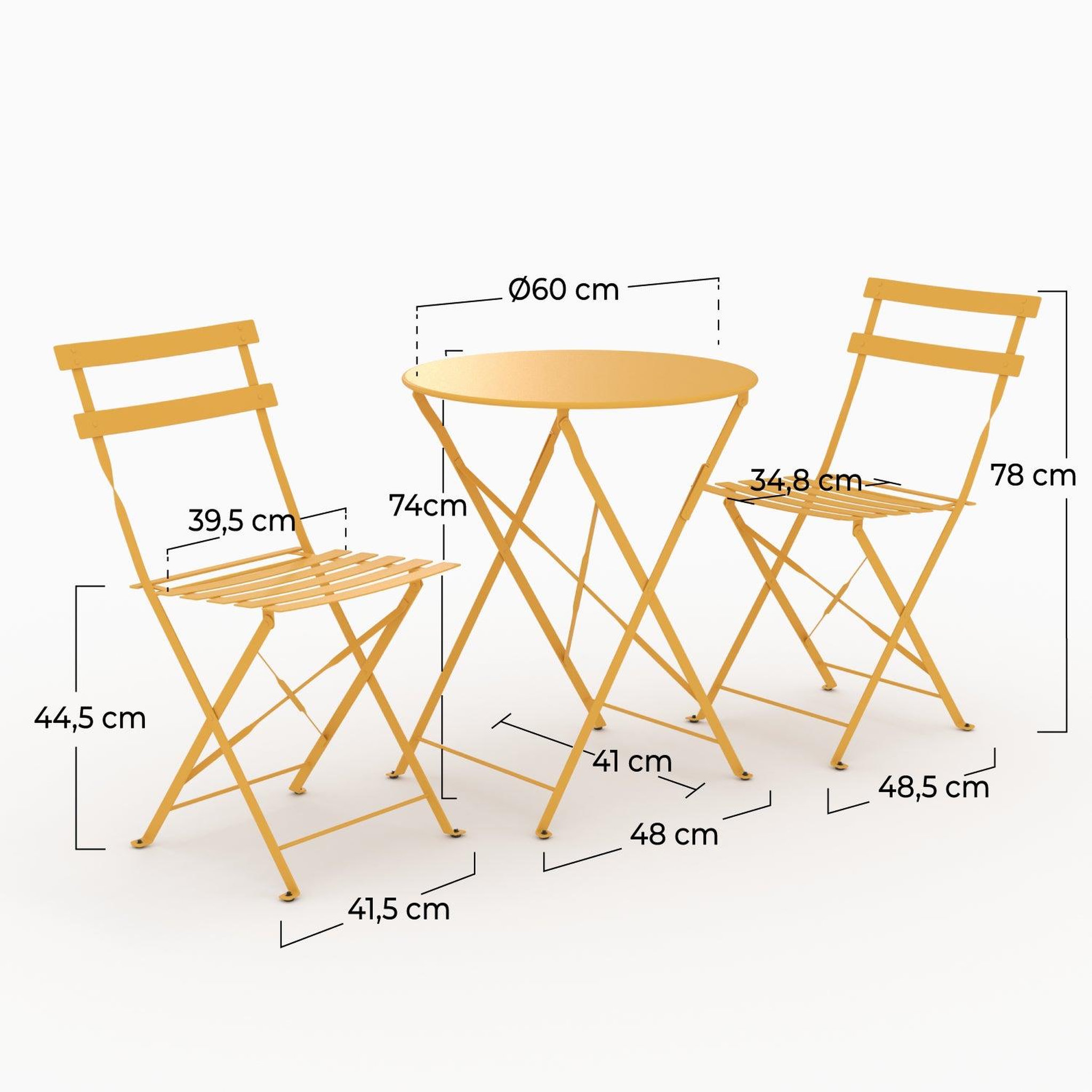 Voir la diapositive 4 : MAISON PAVANE Table ronde et chaises de jardin pliantes 2 places en métal jaune-kayla