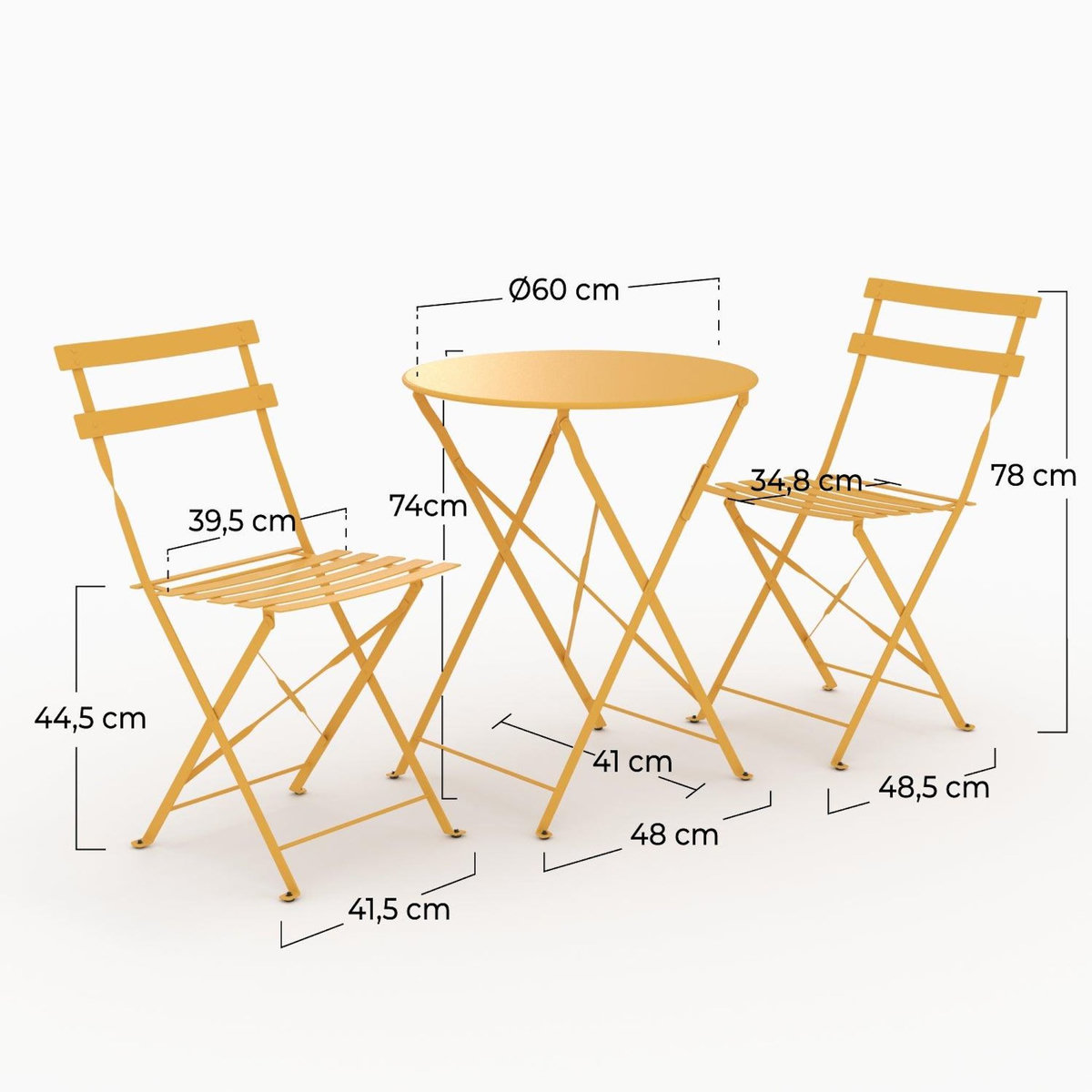 Rendez vous déco Table ronde et chaises de jardin pliantes 2 places en métal jaune-Kayla