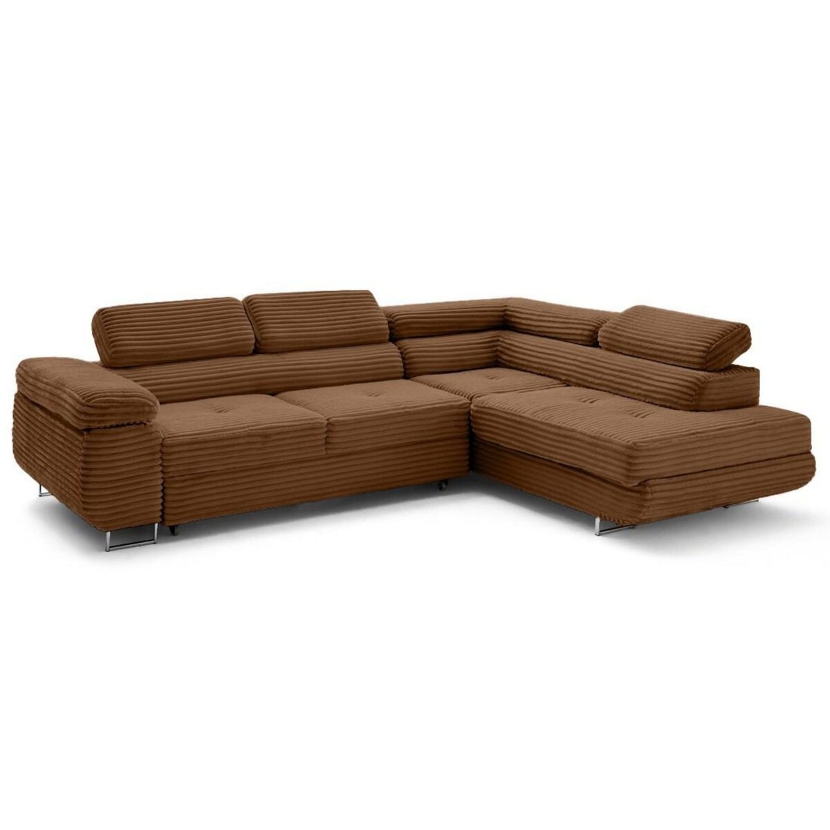 LISA DESIGN Zaria - canapé d'angle droit 5 places convertible avec coffre et têtières en velours côtelé grosses côtes