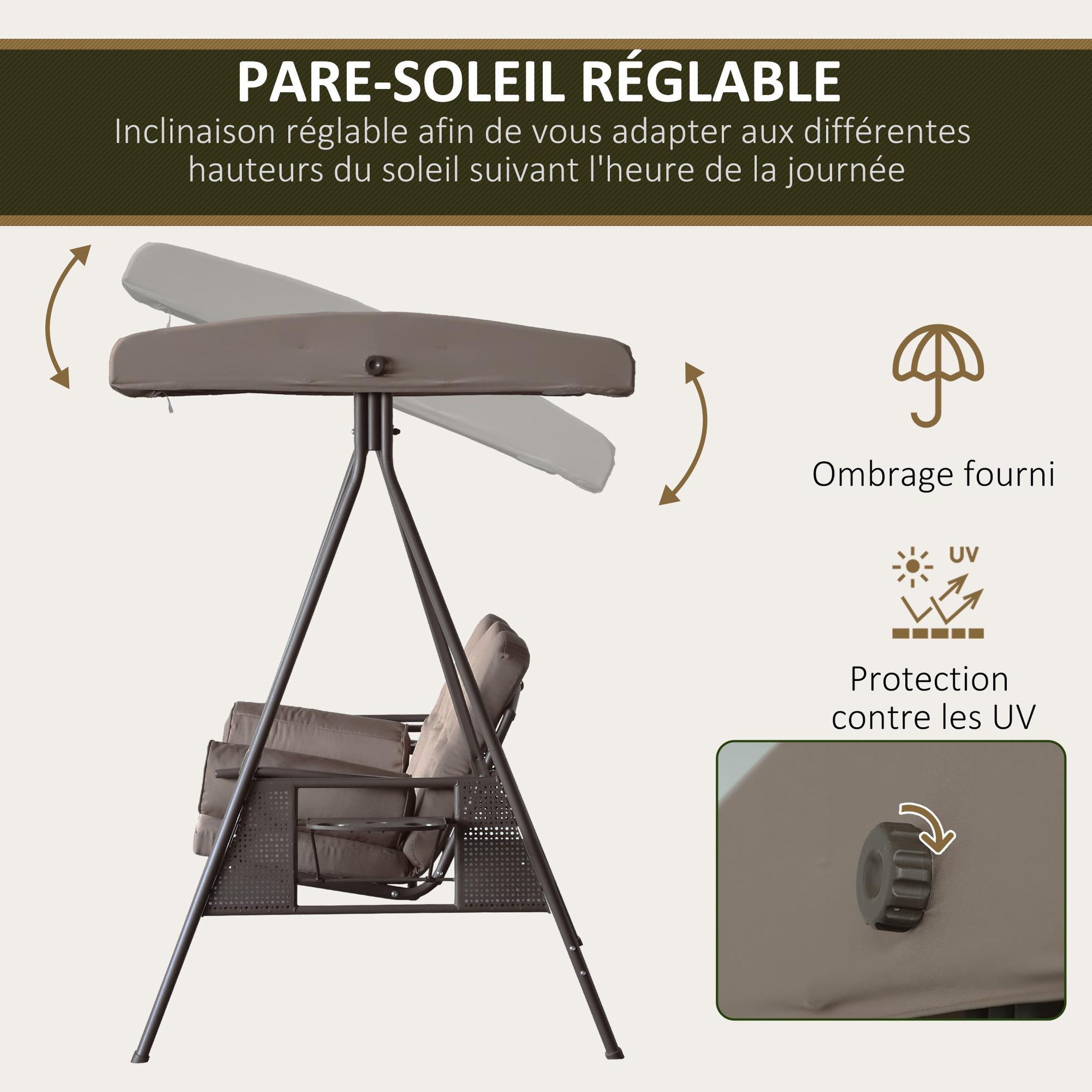 Voir la diapositive 5 : OUTSUNNY Balancelle de jardin 3 places grand confort toit inclinaison réglable coussins plateaux rétractables polyester filé marron