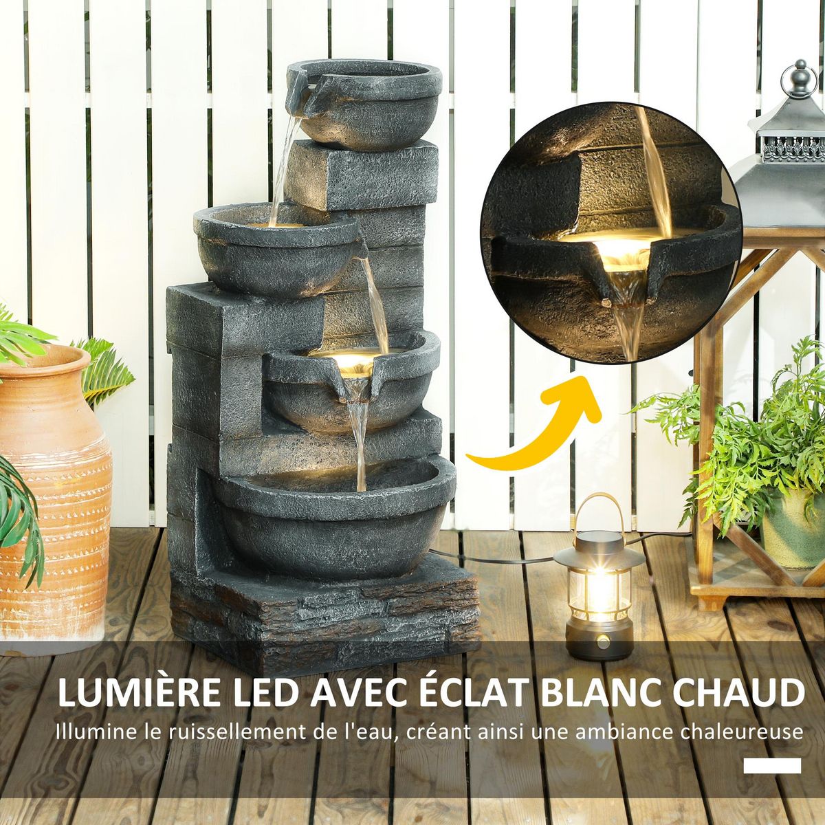 OUTSUNNY Fontaine de jardin en cascade avec éclairage LED 4 niveaux - pompe inclus - 38 x 35 x 78,5 cm - résine gris