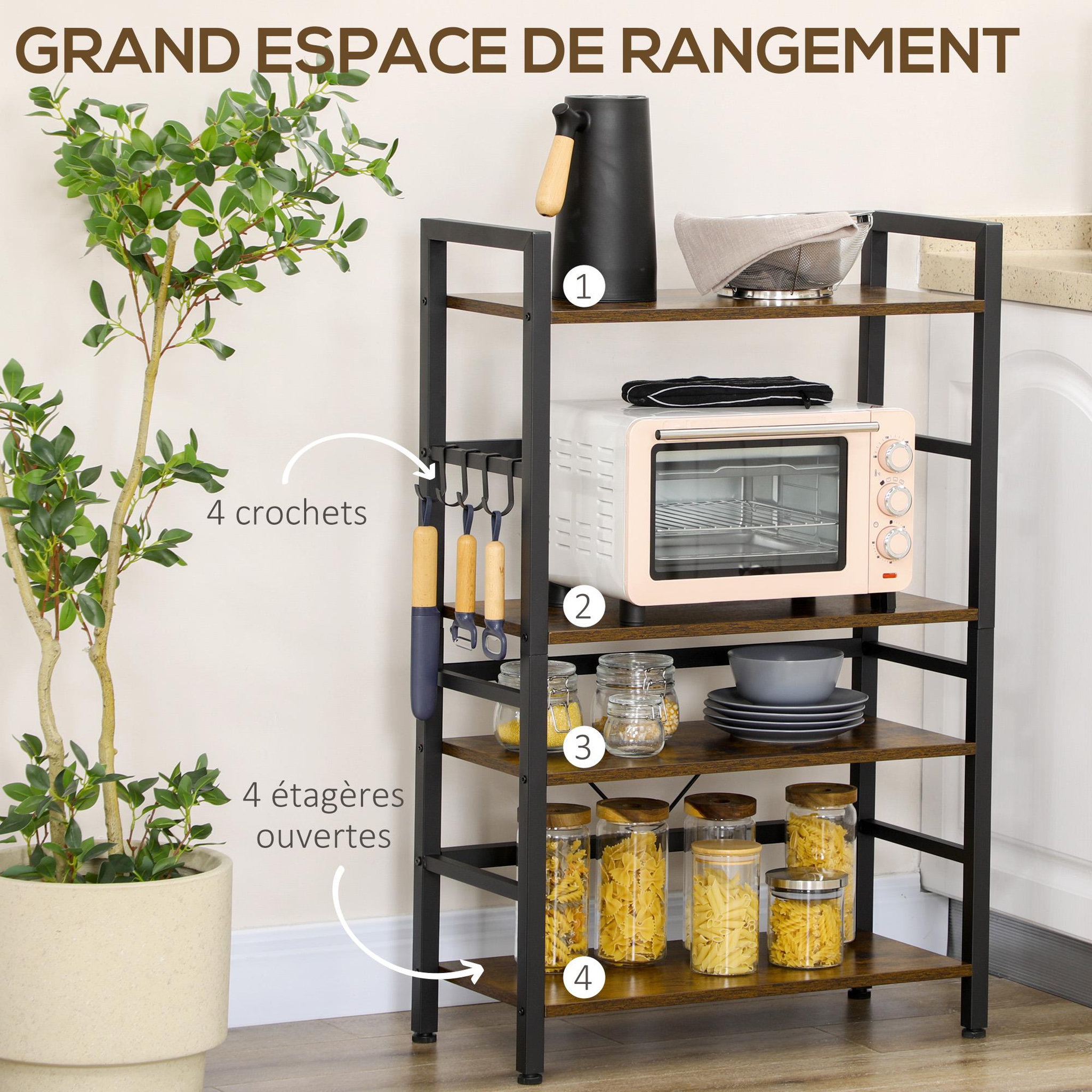Voir la diapositive 5 : HOMCOM Étagère de cuisine design industriel - 4 étagères, crochets - châssis acier noir panneaux aspect bois vieilli