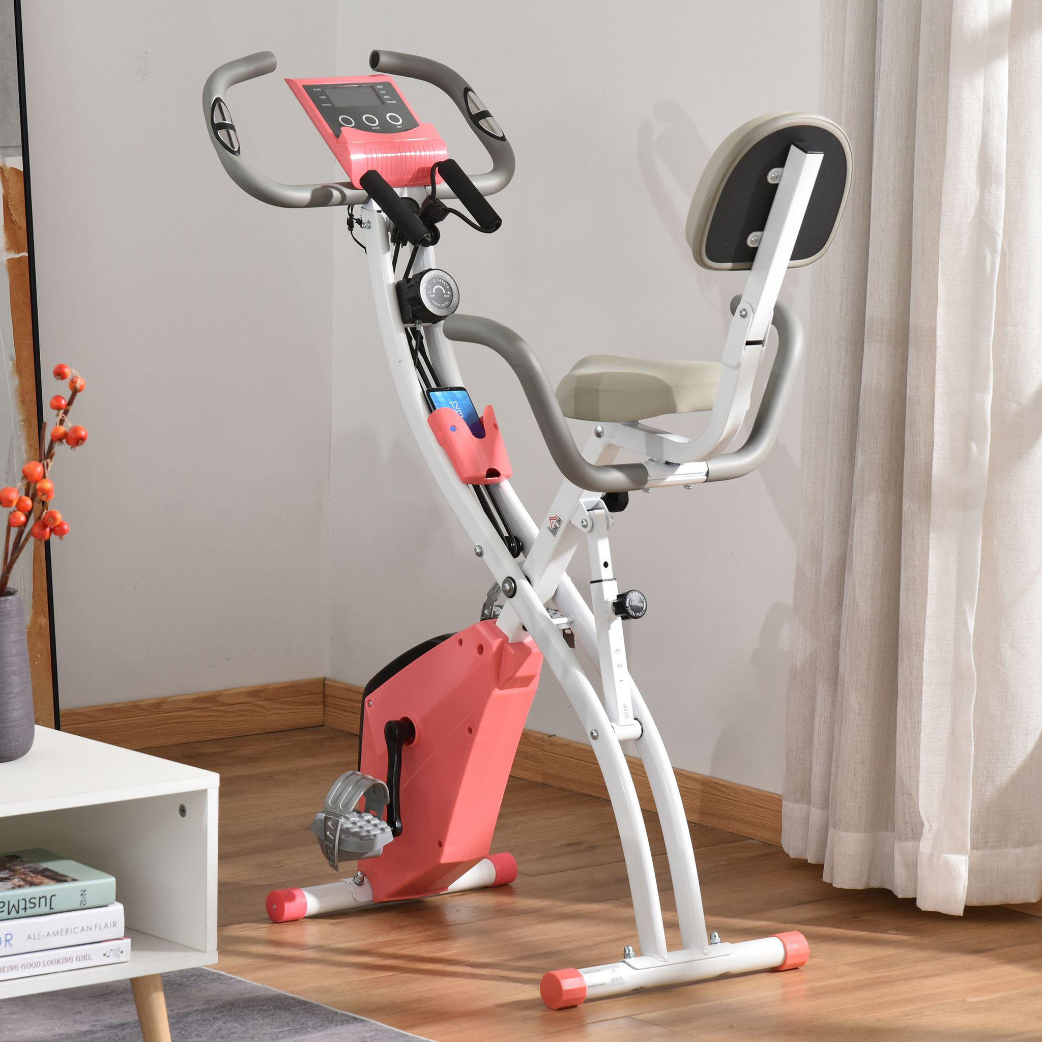 Voir la diapositive 2 : HOMCOM Vélo d'appartement pliant 8 niveaux de résistance magnétique dossier selle réglable poignées ergonomiques écran LCD multifonction suspensions support tablette acier