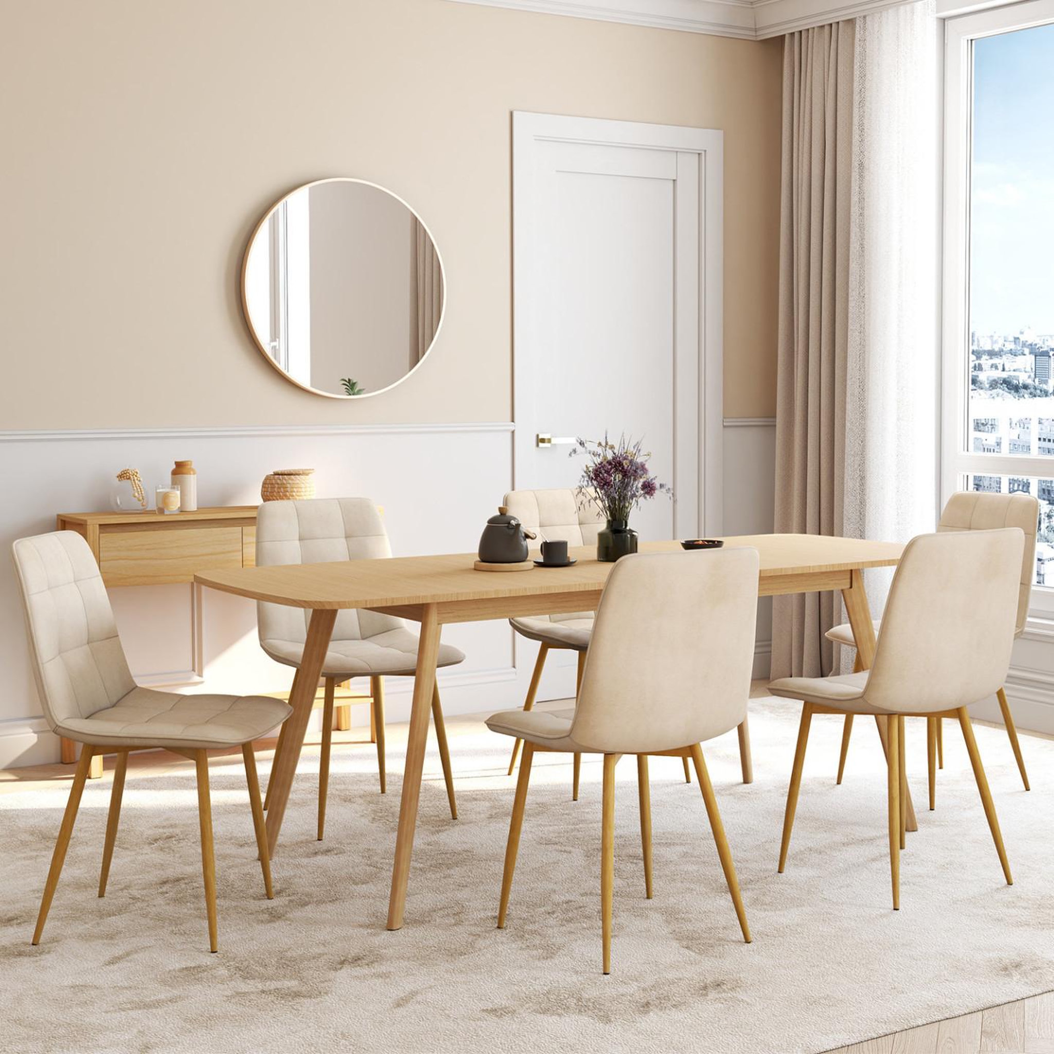 Voir la diapositive 2 : ID MARKET Lot de 6 chaises mila en velours beige et pieds effet bois pour salle à manger
