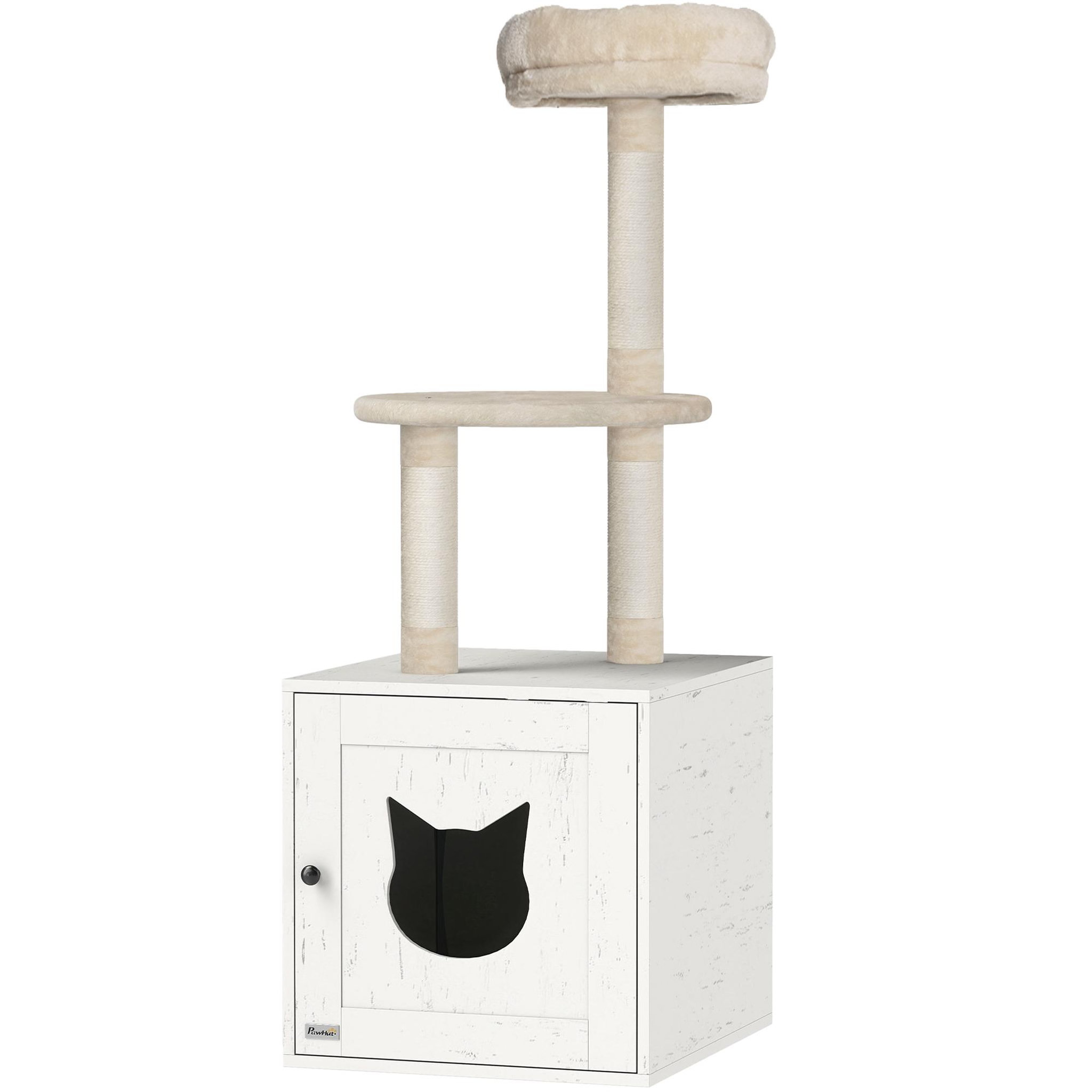 PAWHUT Arbre à chat maison de toilette 2 en 1 - h.129 cm - porte tête de chat - plateforme panier observation - blanc crème