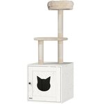 PAWHUT Arbre à chat maison de toilette 2 en 1 - H.129 cm - porte tête de chat - plateforme panier observation - blanc crème