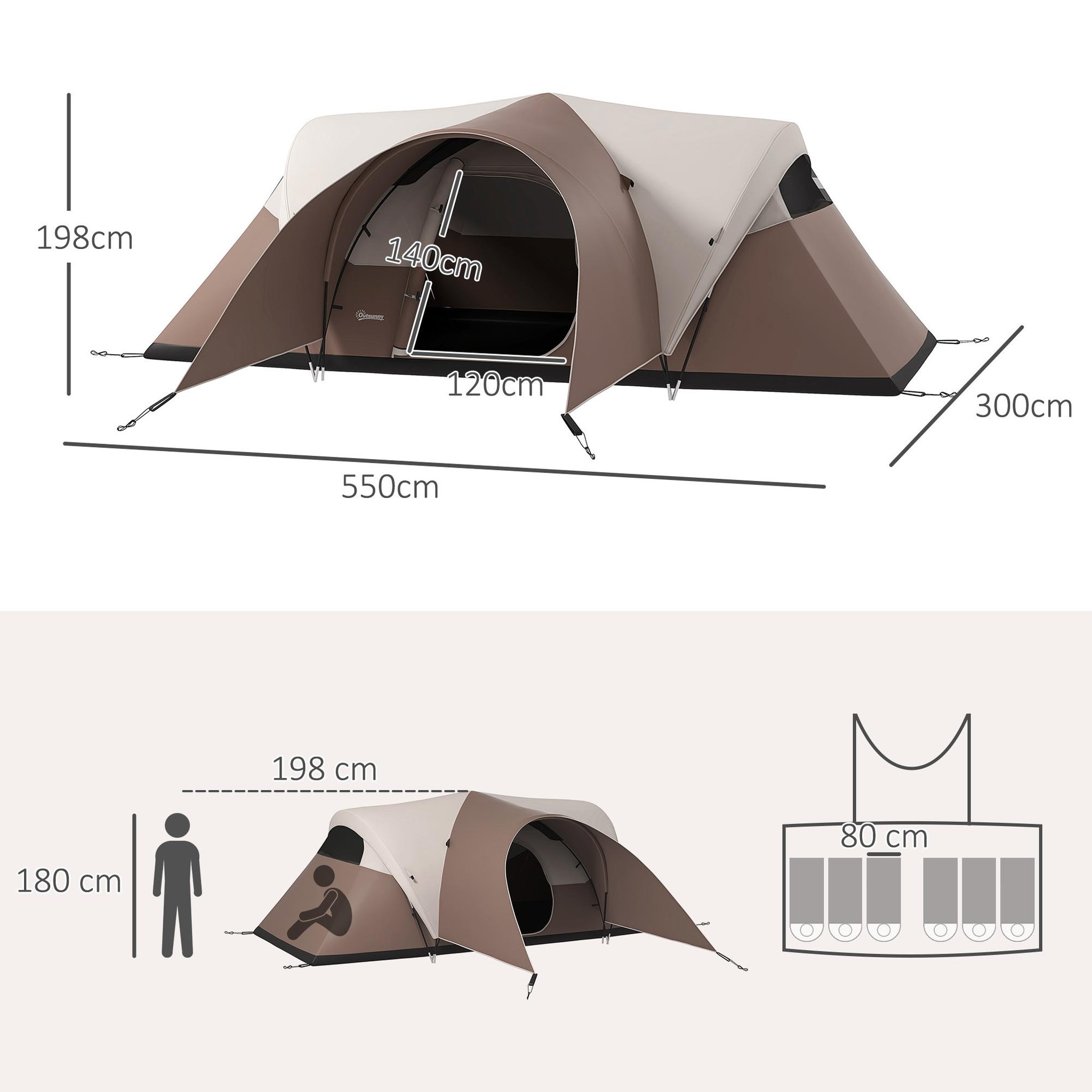Voir la diapositive 3 : OUTSUNNY Tente de camping familiale 5-6 pers. Étanchéité 3000 mm sac coloris café