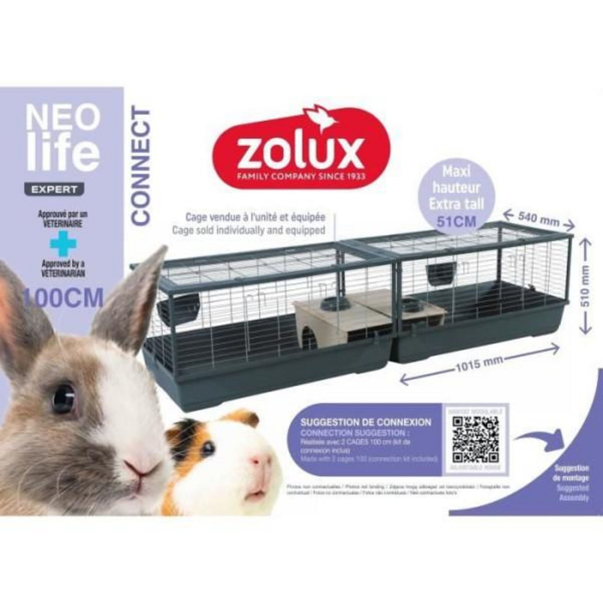 Zolux Cage rongeur - Zolux - Néolife Connect - Pour lapin et cochon d'inde - 101.5 x 54 x 51 cm - Gris