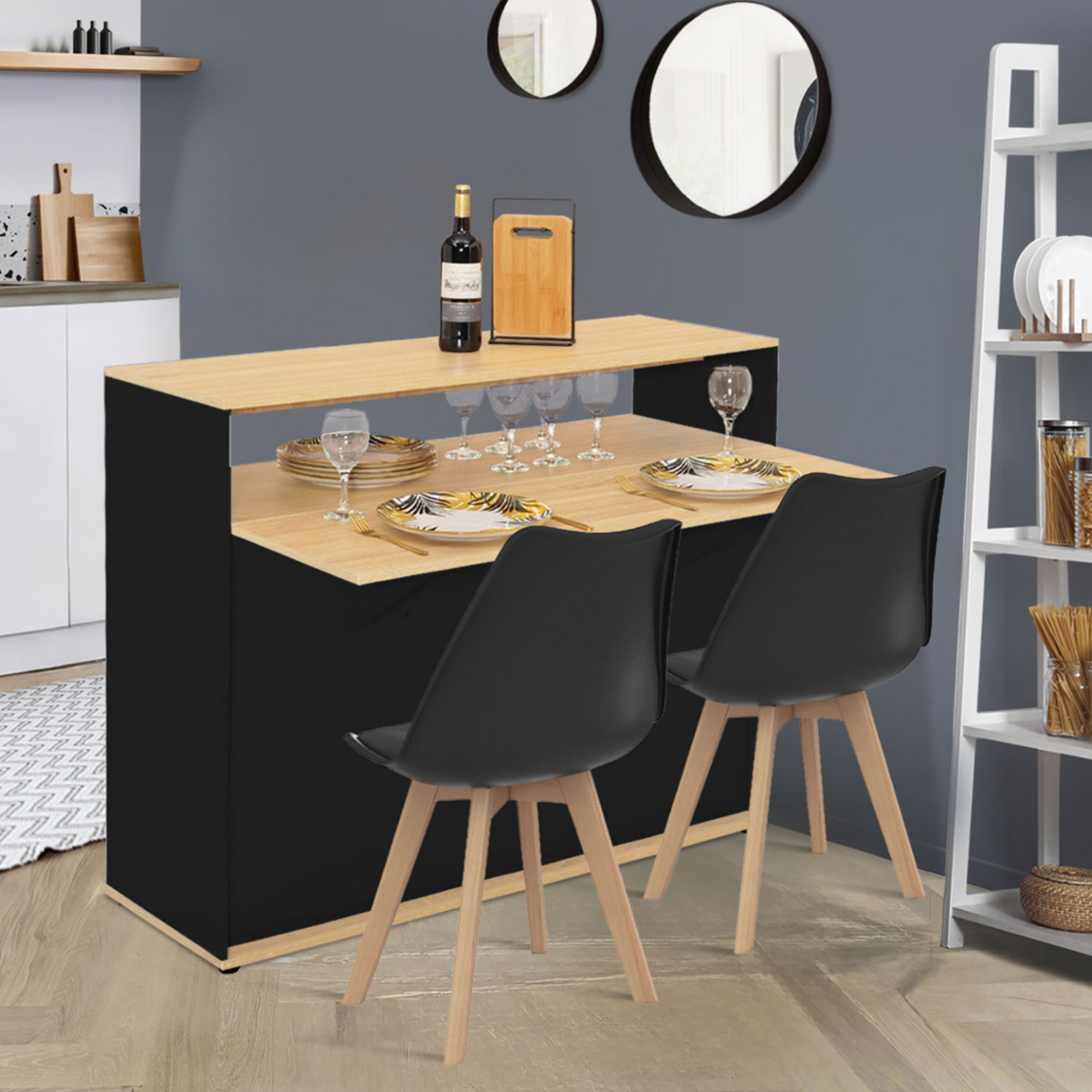 ID MARKET Meuble de bar extensible en table à manger 2 personnes VITO noir et plateau bois