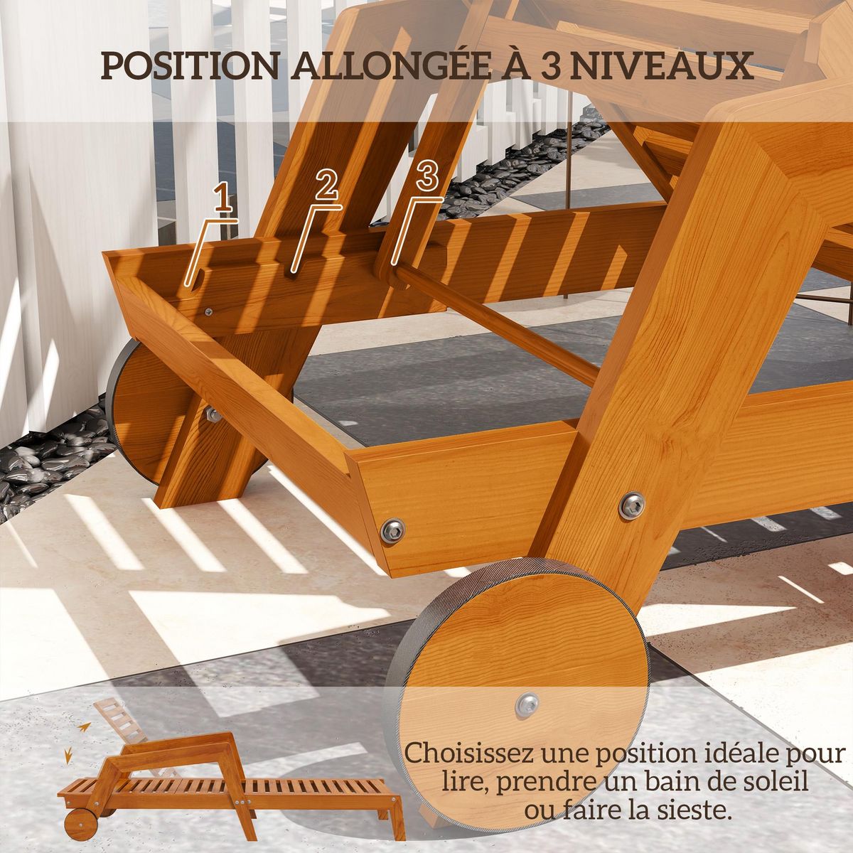 OUTSUNNY Bain de soleil transat inclinable 3 positions - accoudoirs, roues - bois de mélèze verni
