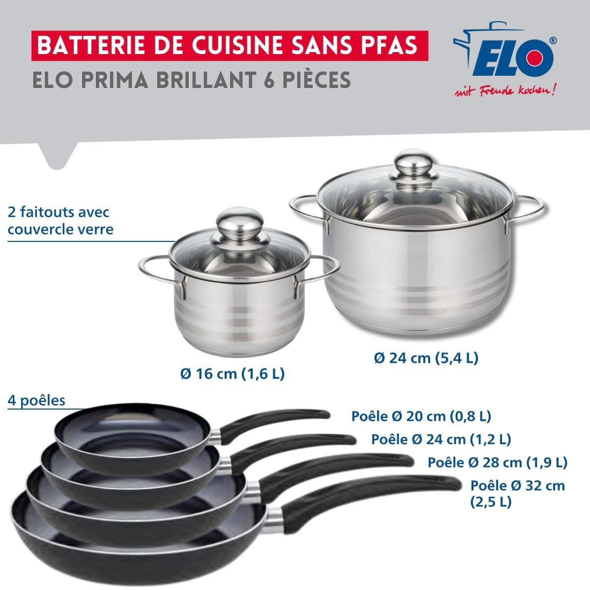 Voir la diapositive 2 : ELO Ensemble de 4 poêles de cuisson 20, 24, 28 et 32 cm et 2 faitouts 16 et 24 cm elo prima brillant
