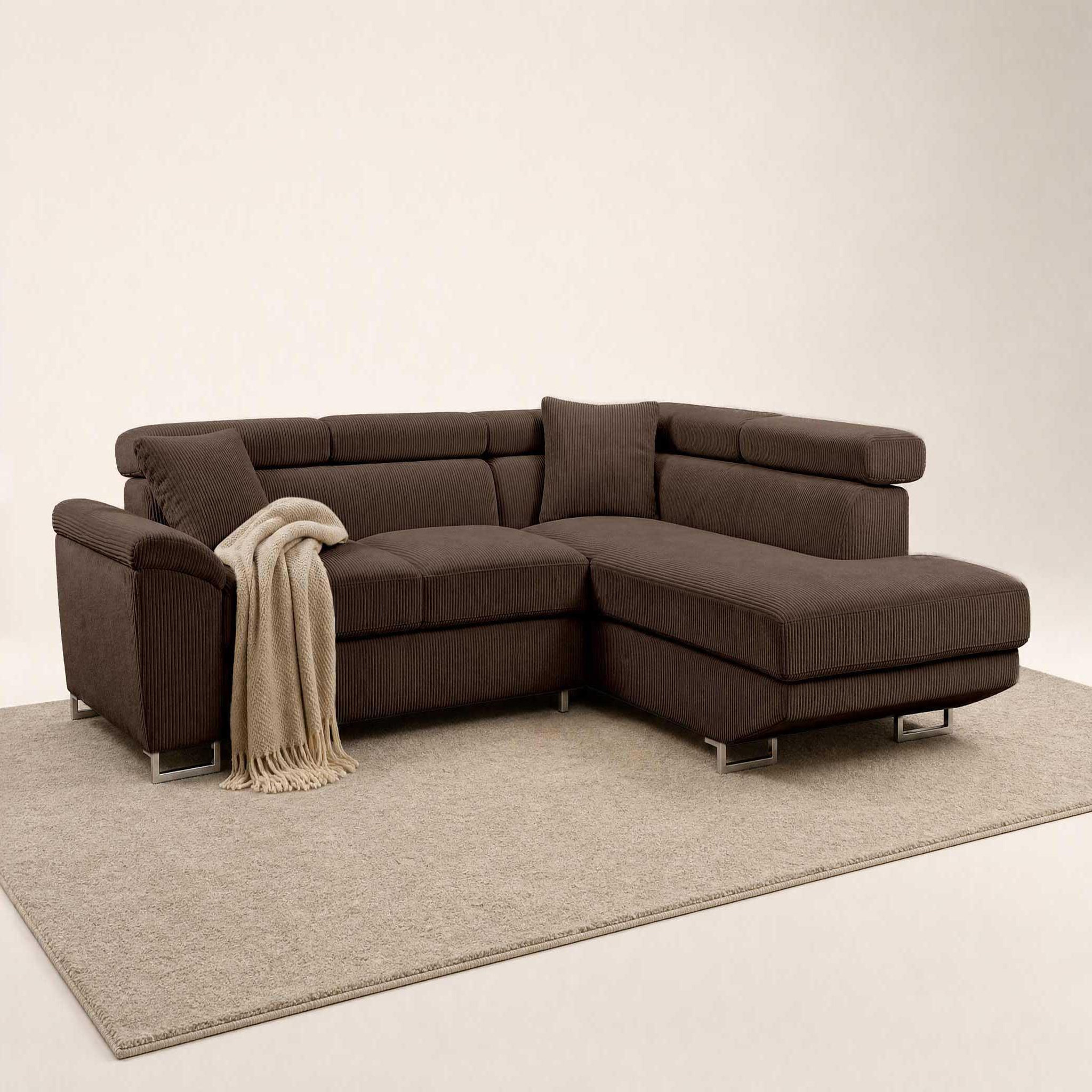 Voir la diapositive 3 : BEST MOBILIER Baoji - canapé d'angle droit 5 places convertible avec têtières et coffre en velours côtelé