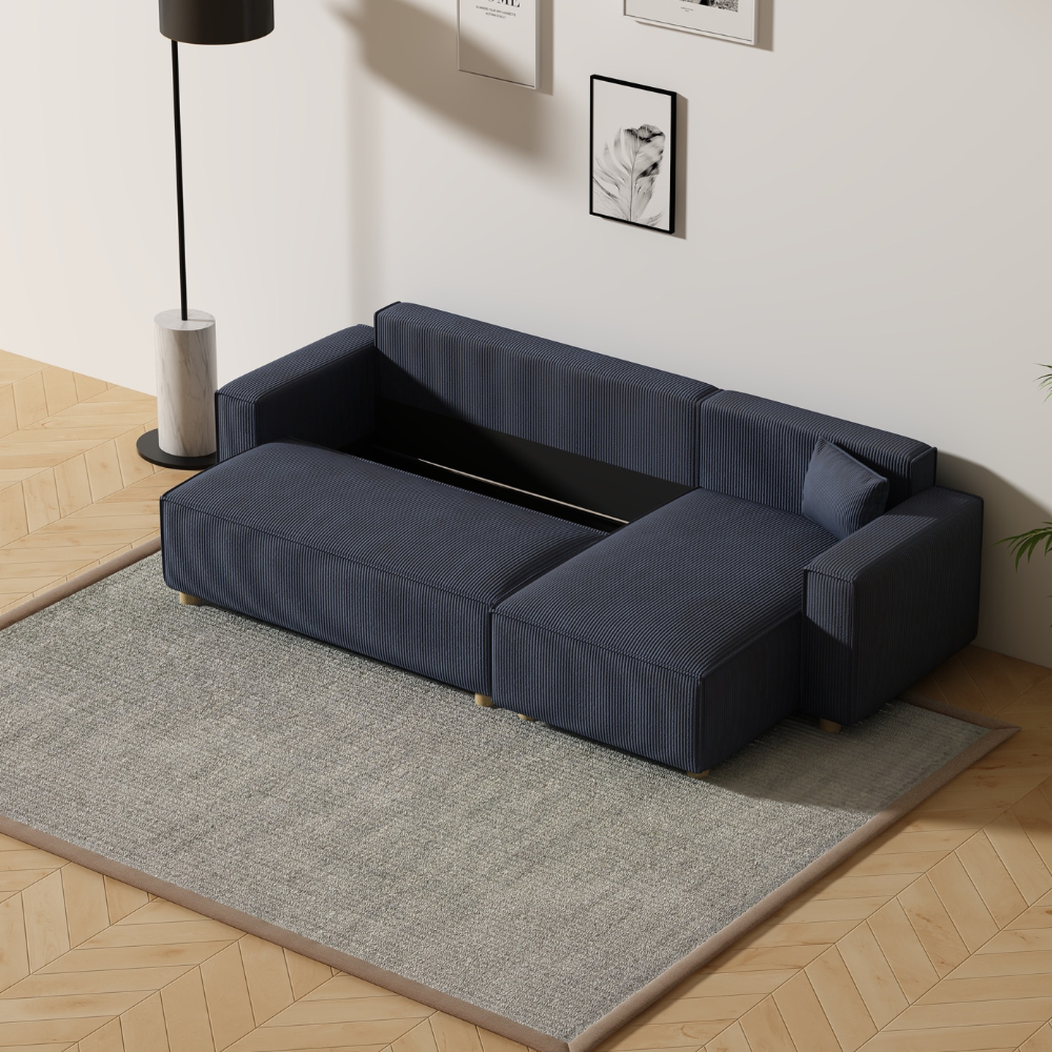 Voir la diapositive 5 : CONCEPT USINE Canapé convertible d'angle en velours côtelé bleu cosy