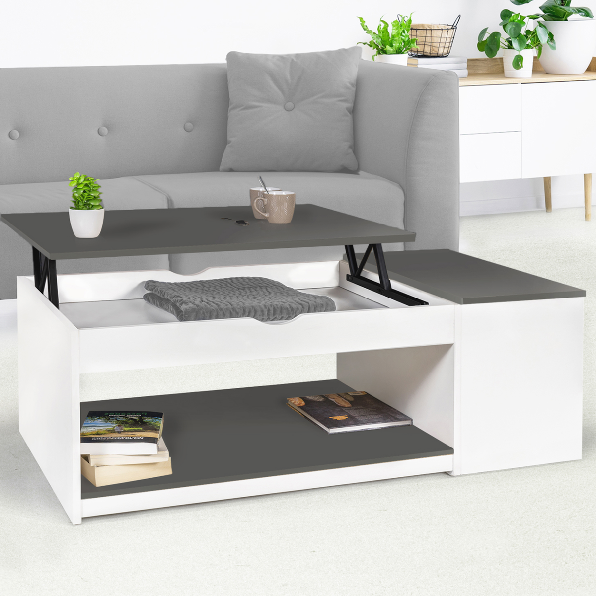 ID MARKET Table basse plateau relevable rectangulaire ELEA avec coffre bois blanc et gris