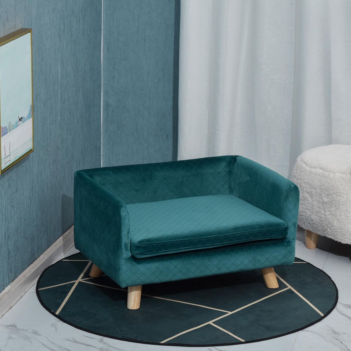 PAWHUT Canapé chien lit pour chien design scandinave coussin moelleux pieds bois massif dim. 64 x 45 x 36 cm velours bleu canard