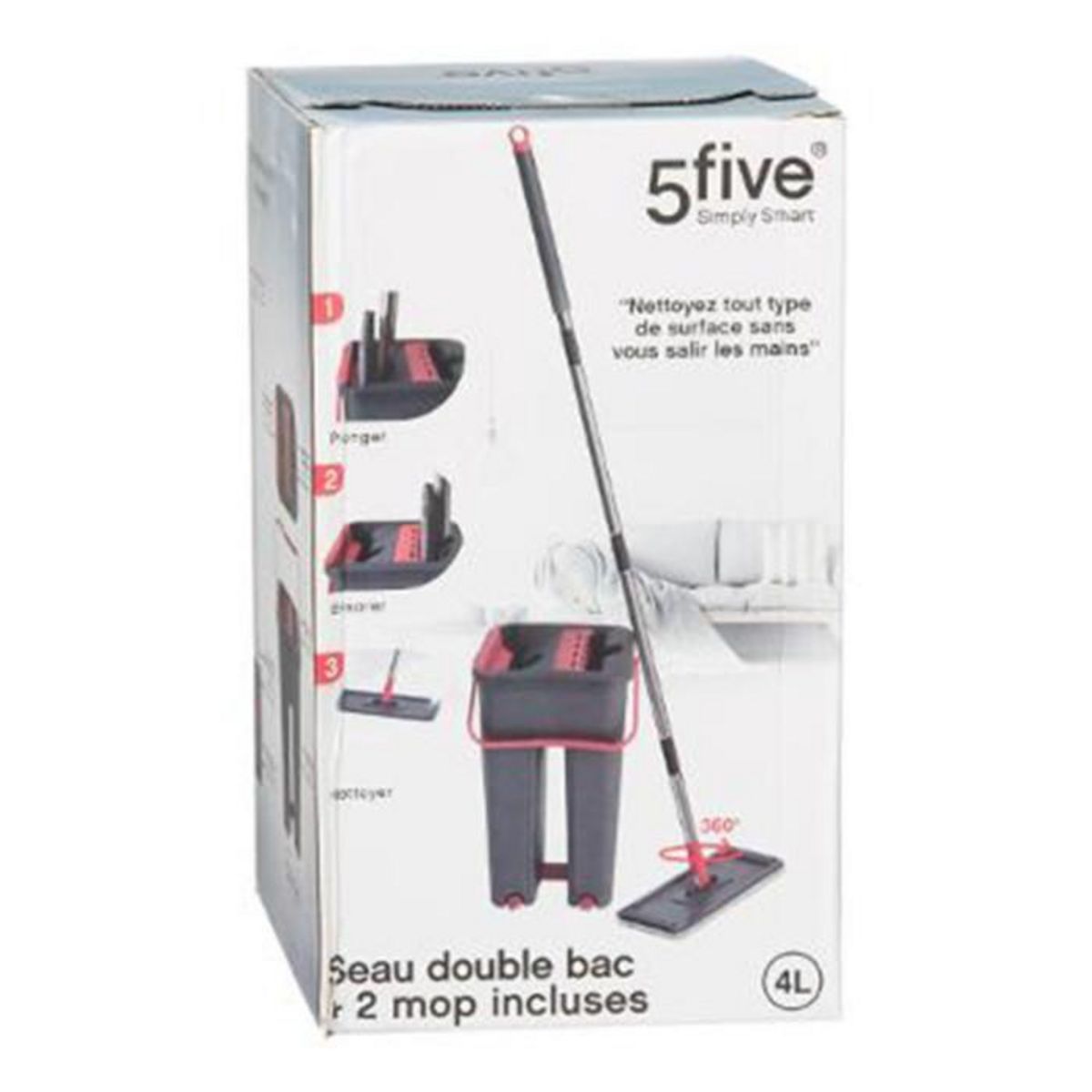 FIVE Seau, Balai & 2 Serpillières  Tana  4L Gris