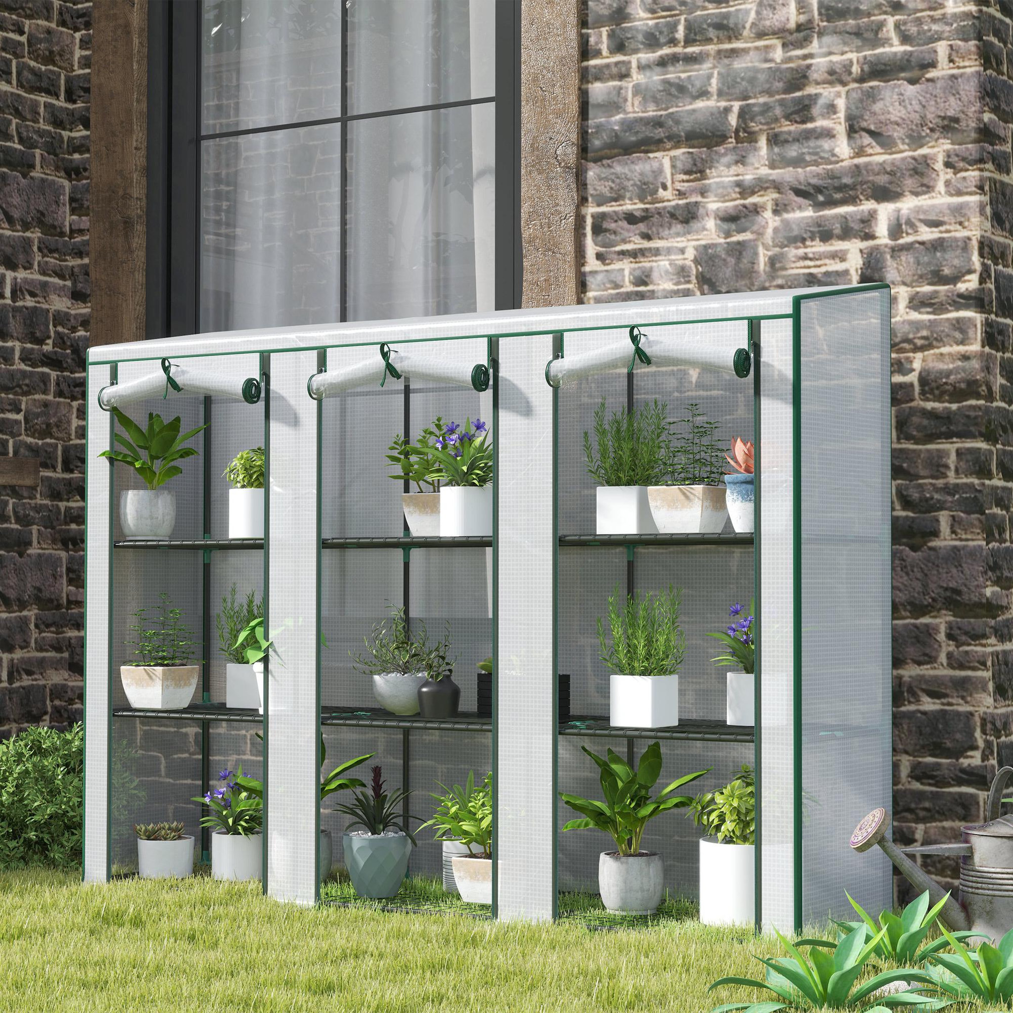 Voir la diapositive 4 : OUTSUNNY Serre de jardin balcon avec étagères métalliques 3 niveaux 3 portes acier noir PVC blanc