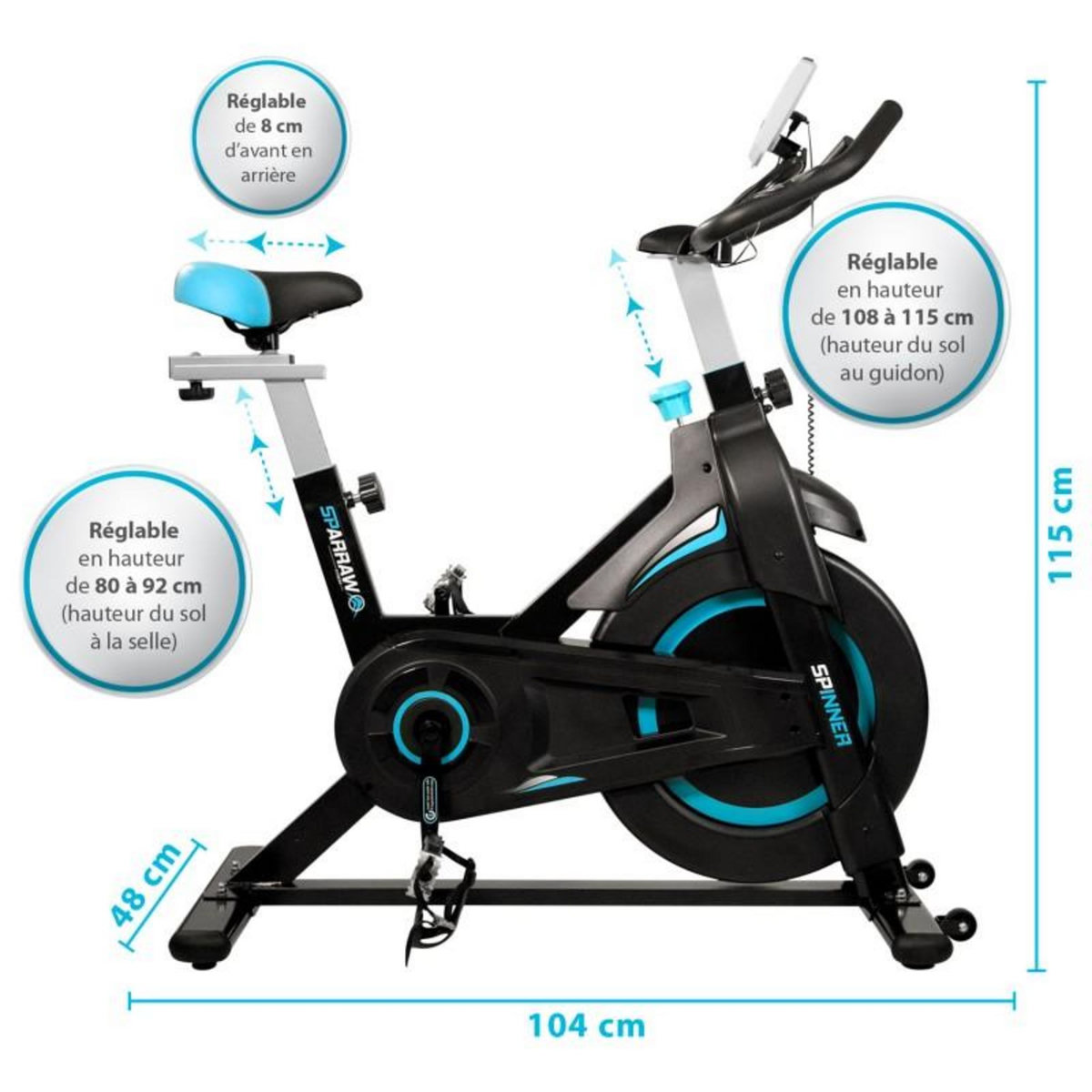 SPARRAW Vélo Spinning SPINNER - Exercice bike avec roue d'inertie 6Kg - Cardio et Fitness training