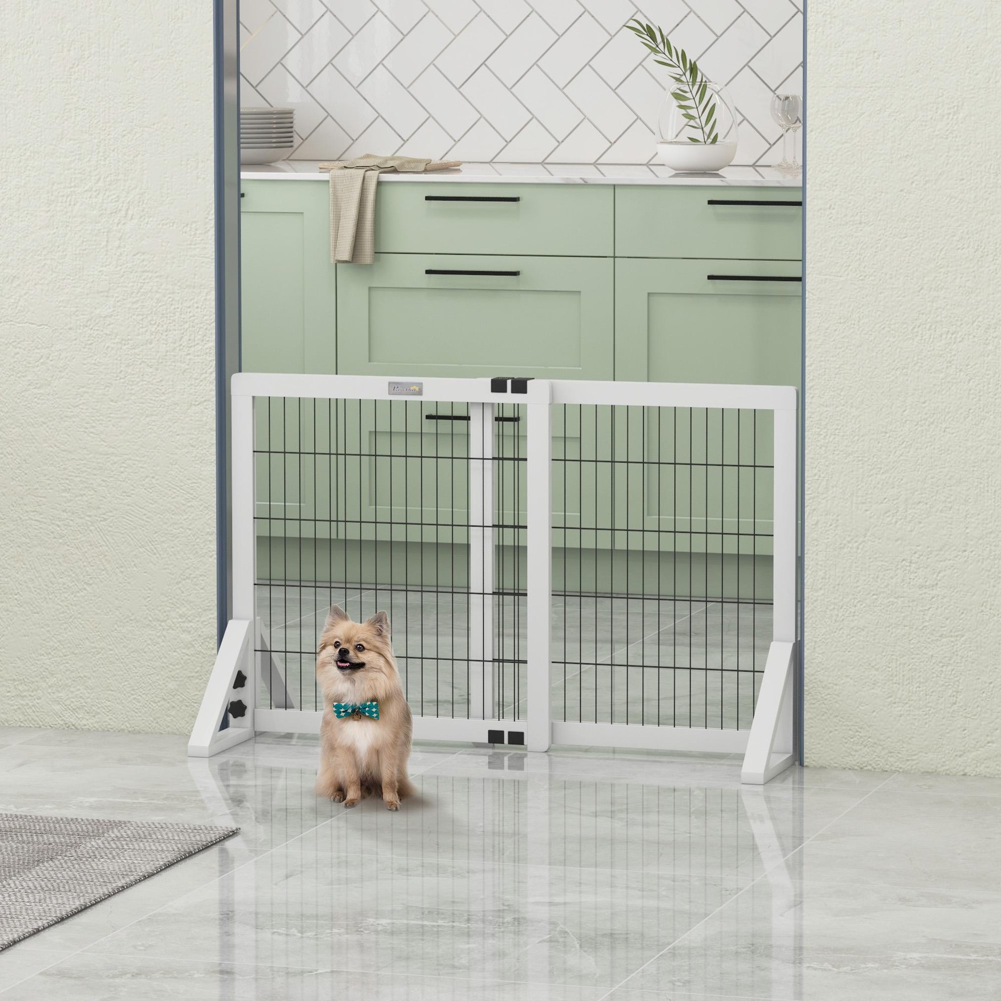 Voir la diapositive 4 : PAWHUT Barrière de sécurité pour chien, barrière de protection à 2 panneaux largeur réglable 63-106l x 44l x 67h cm, barrière pour escalier, porte, couloirs, en bois de pin et acier, blanc