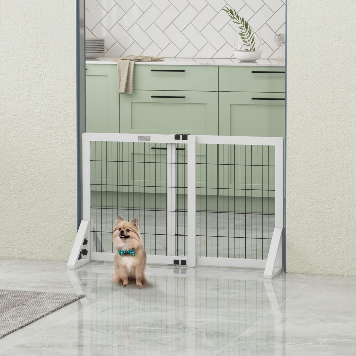 PAWHUT Barrière de sécurité pour chien, barrière de protection à 2 panneaux largeur réglable 63-106L x 44l x 67H cm, barrière pour escalier, porte, couloirs, en bois de pin et acier, blanc