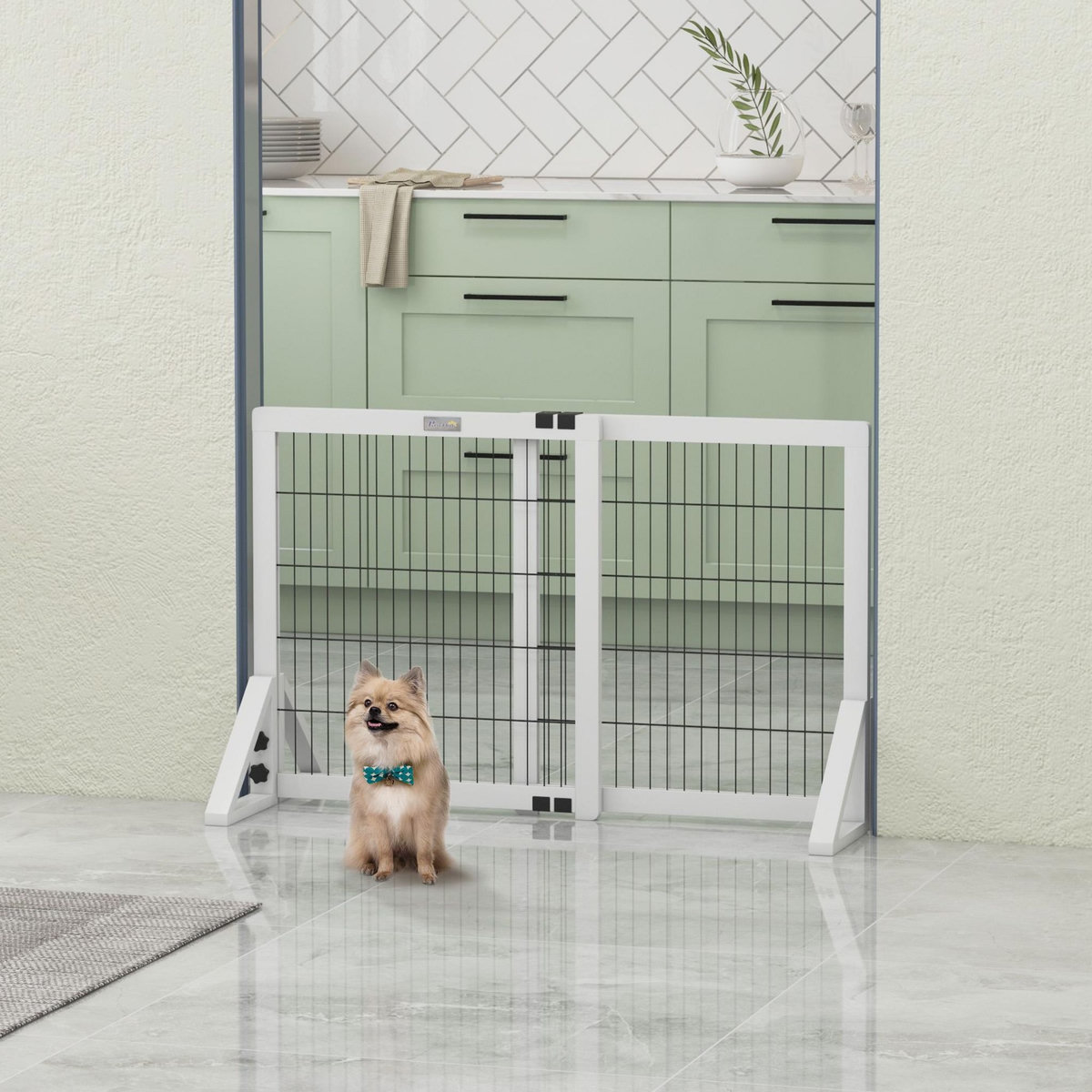 PAWHUT Barrière de sécurité pour chien, barrière de protection à 2 panneaux largeur réglable 63-106L x 44l x 67H cm, barrière pour escalier, porte, couloirs, en bois de pin et acier, blanc