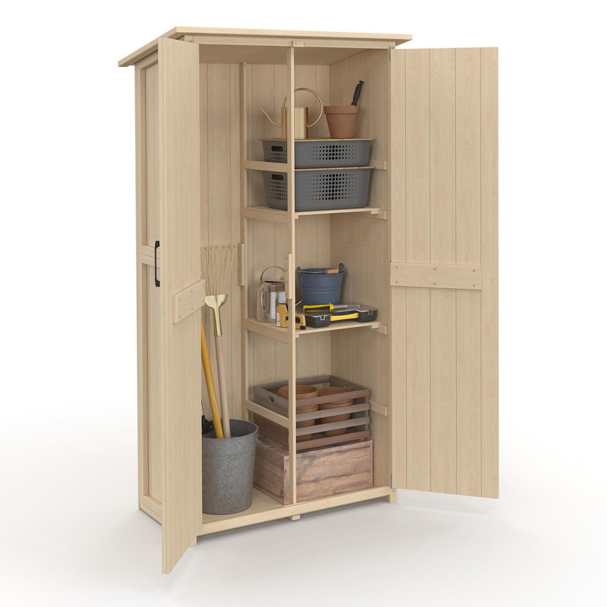 ID MARKET Armoire de jardin en bois 90 x 50 x 160 cm avec toit incliné double porte et étagères