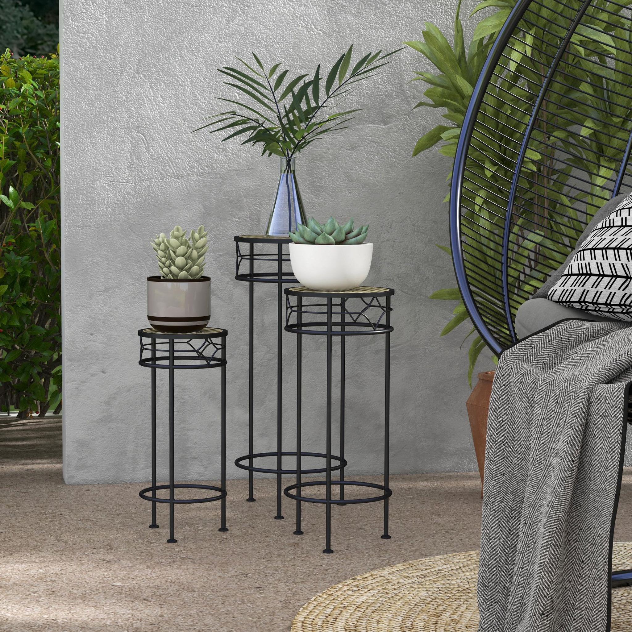 Voir la diapositive 2 : OUTSUNNY Lot de 3 supports pot de fleurs plateaux aspect rotin métal doré noir