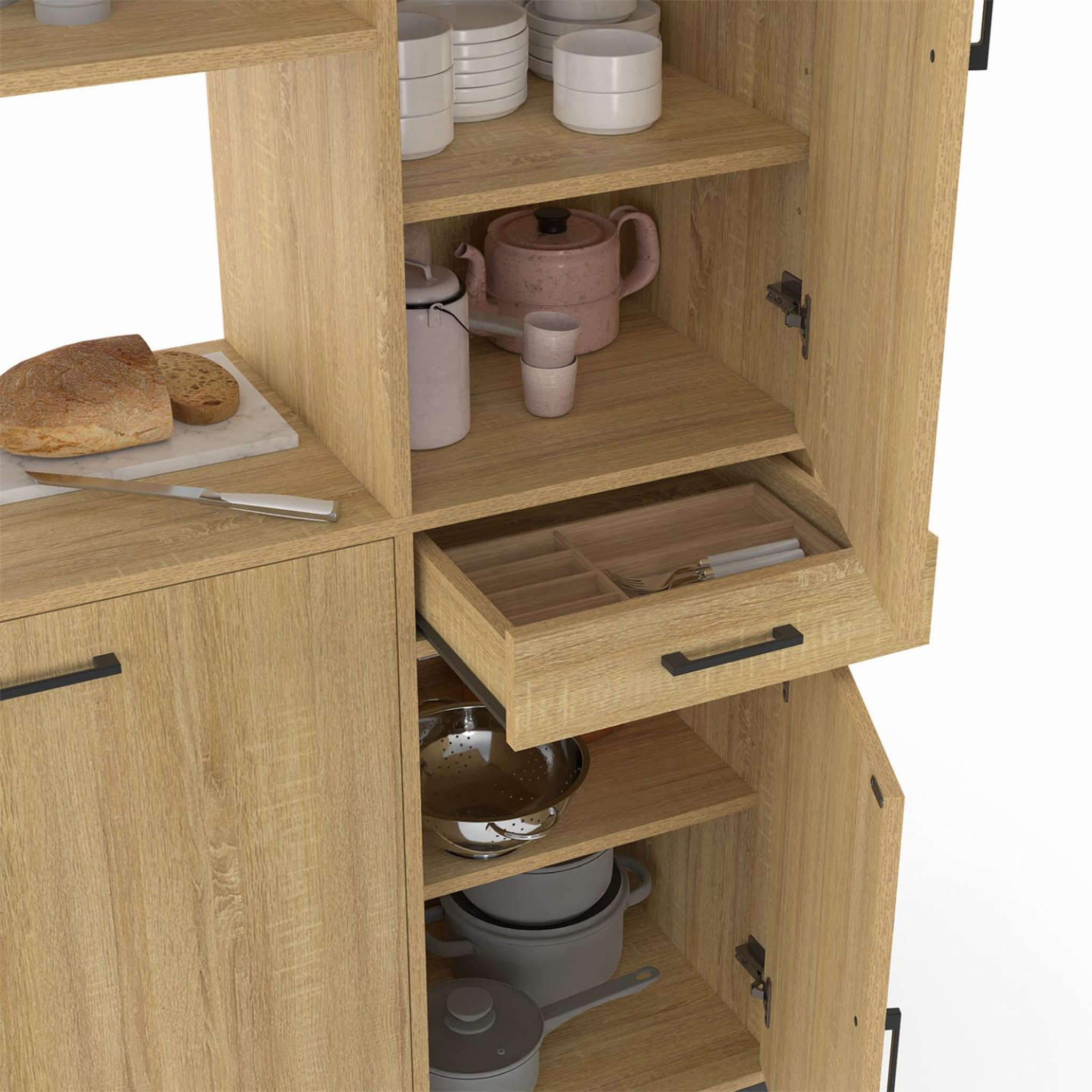 Voir la diapositive 6 : ID MARKET Buffet de cuisine avec colonne de rangement 100 cm detroit 3 portes + tiroir design industriel