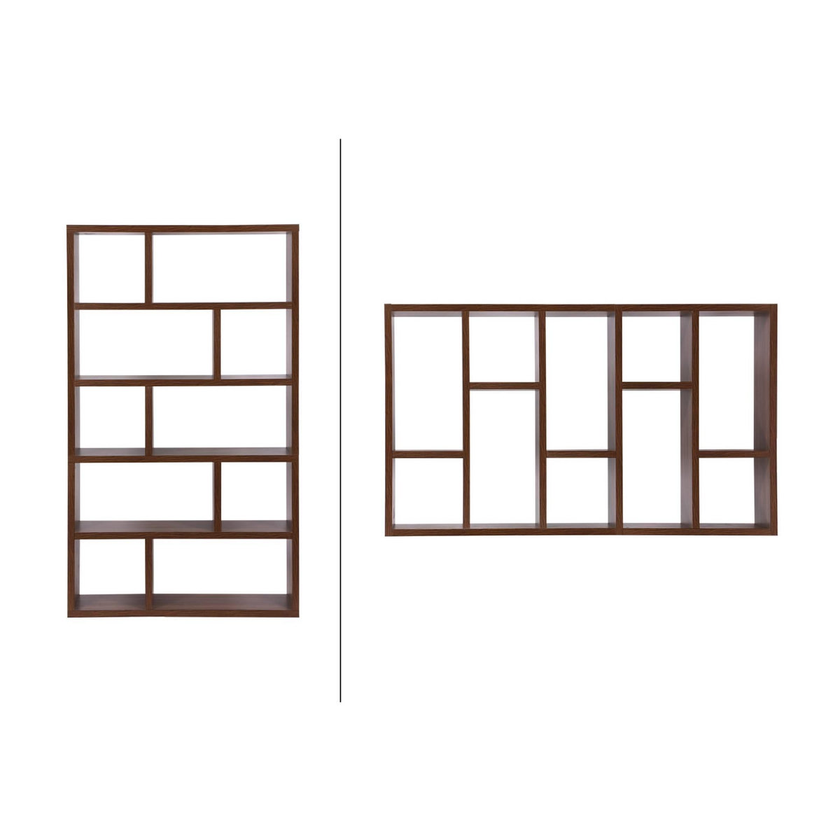 SWEEEK Etagère bibliothèque asymétrique 5 niveaux 10 compartiments. casiers. effet bois de noyer. L 111.2 x P 39 x H 190cm