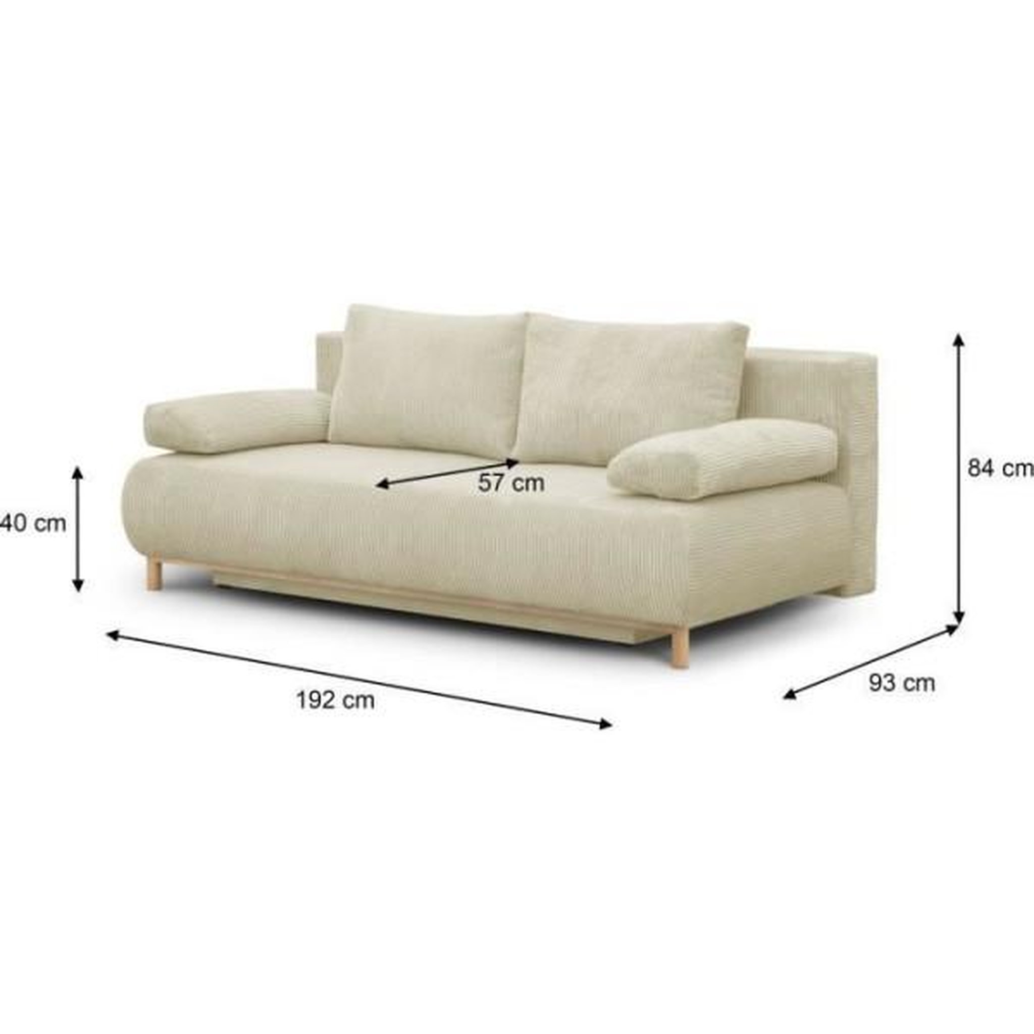 Voir la diapositive 5 : MARKET24 Banquette convertible 3 places MIKA - Velours côtelé Beige - Coffre de rangement - L 192 x H 84 x P 93 cm