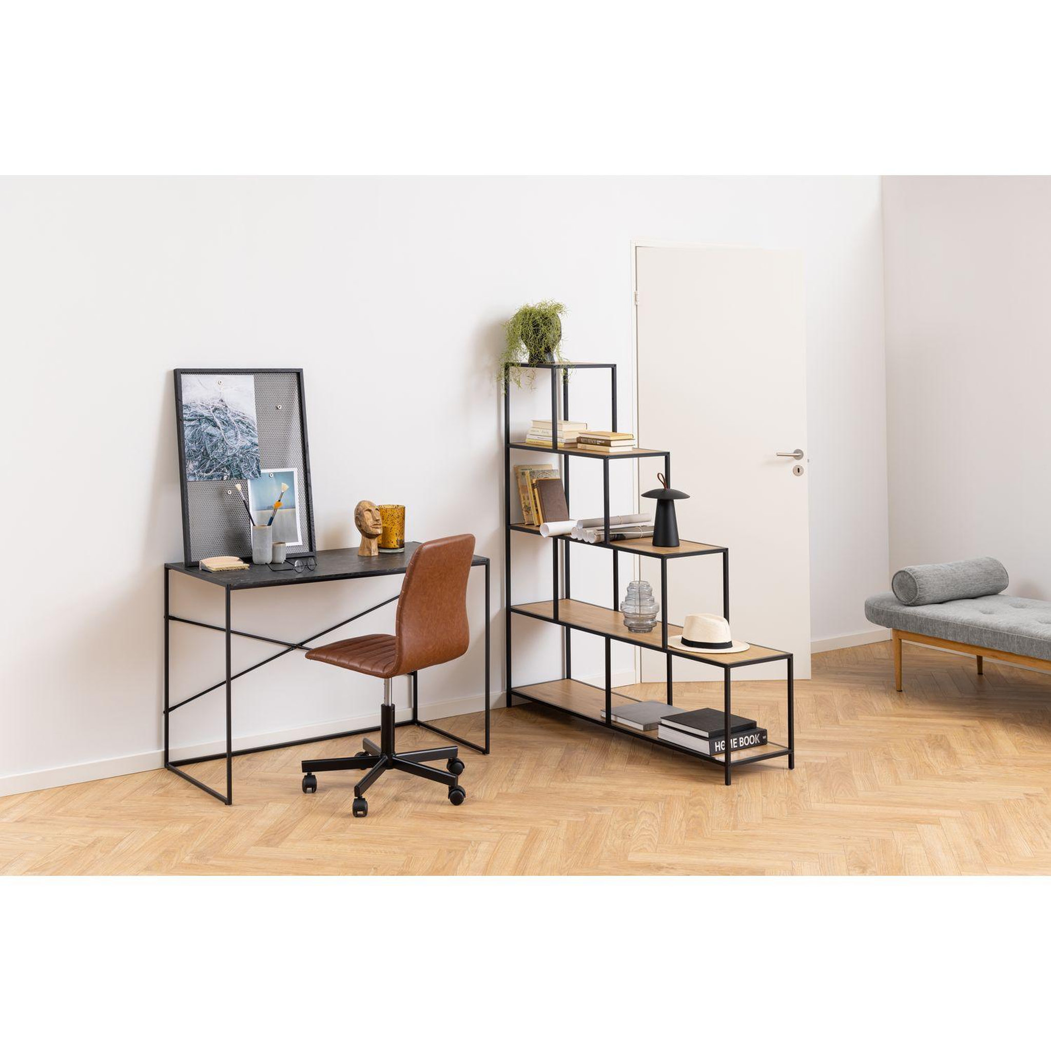 Voir la diapositive 6 : TOILINUX Bibliothèque escalier sur 4 niveaux en Métal et Mélamine - H.135 cm - Noir et Beige