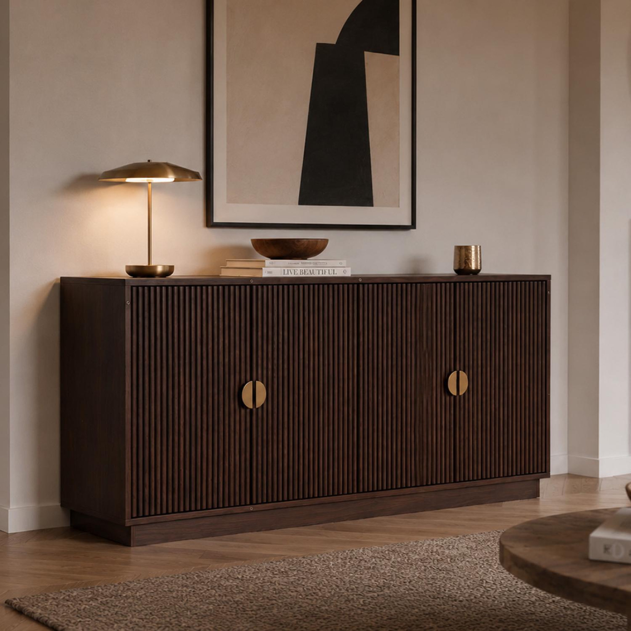 Voir la diapositive 2 : CONCEPT USINE Buffet 4 portes cannelées effet noyer 160 cm TEGAL