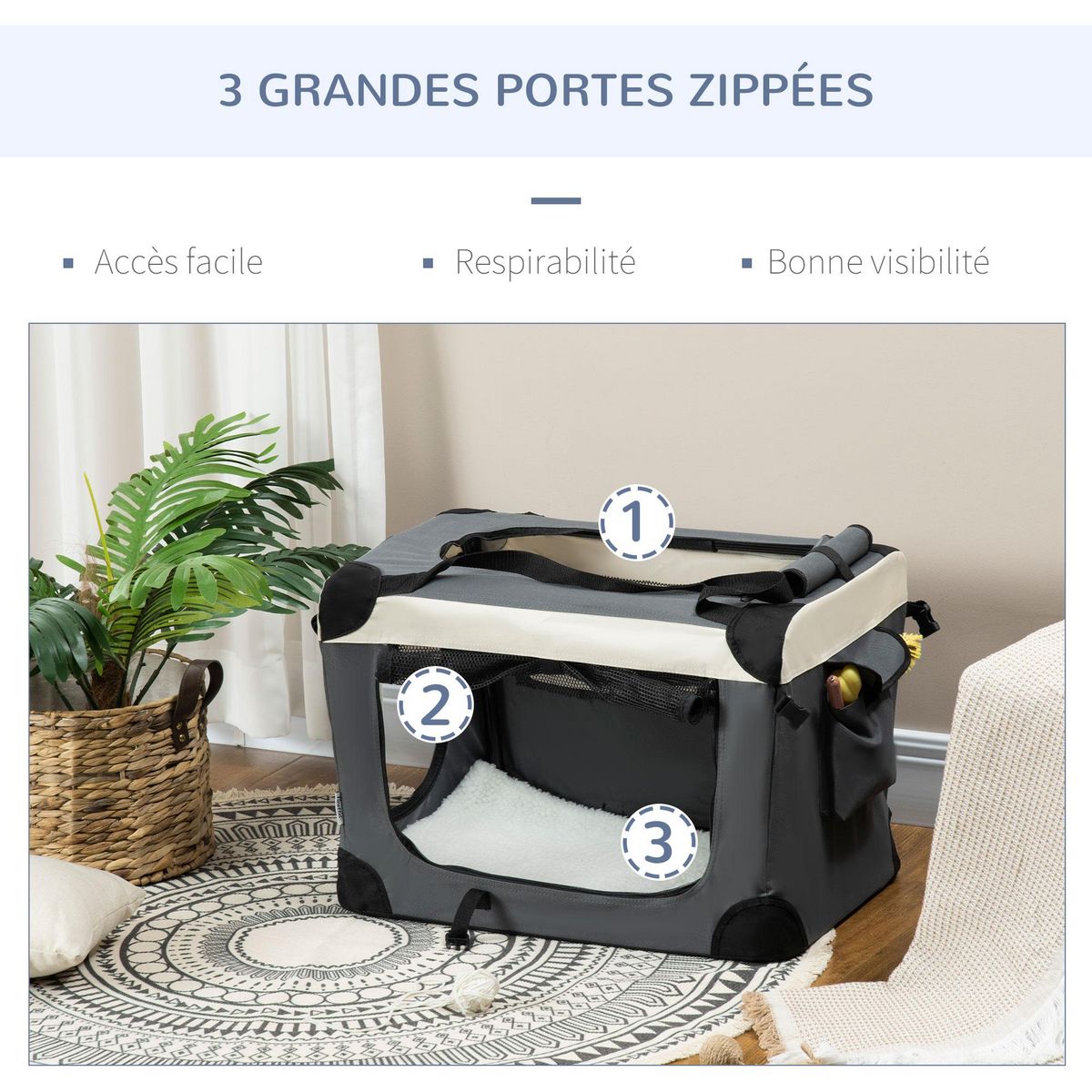 PAWHUT Sac de transport pour chien et chat pliable - poignée, 3 entrées zippées, poche - coussin amovible inclus - acier oxford polyester gris noir