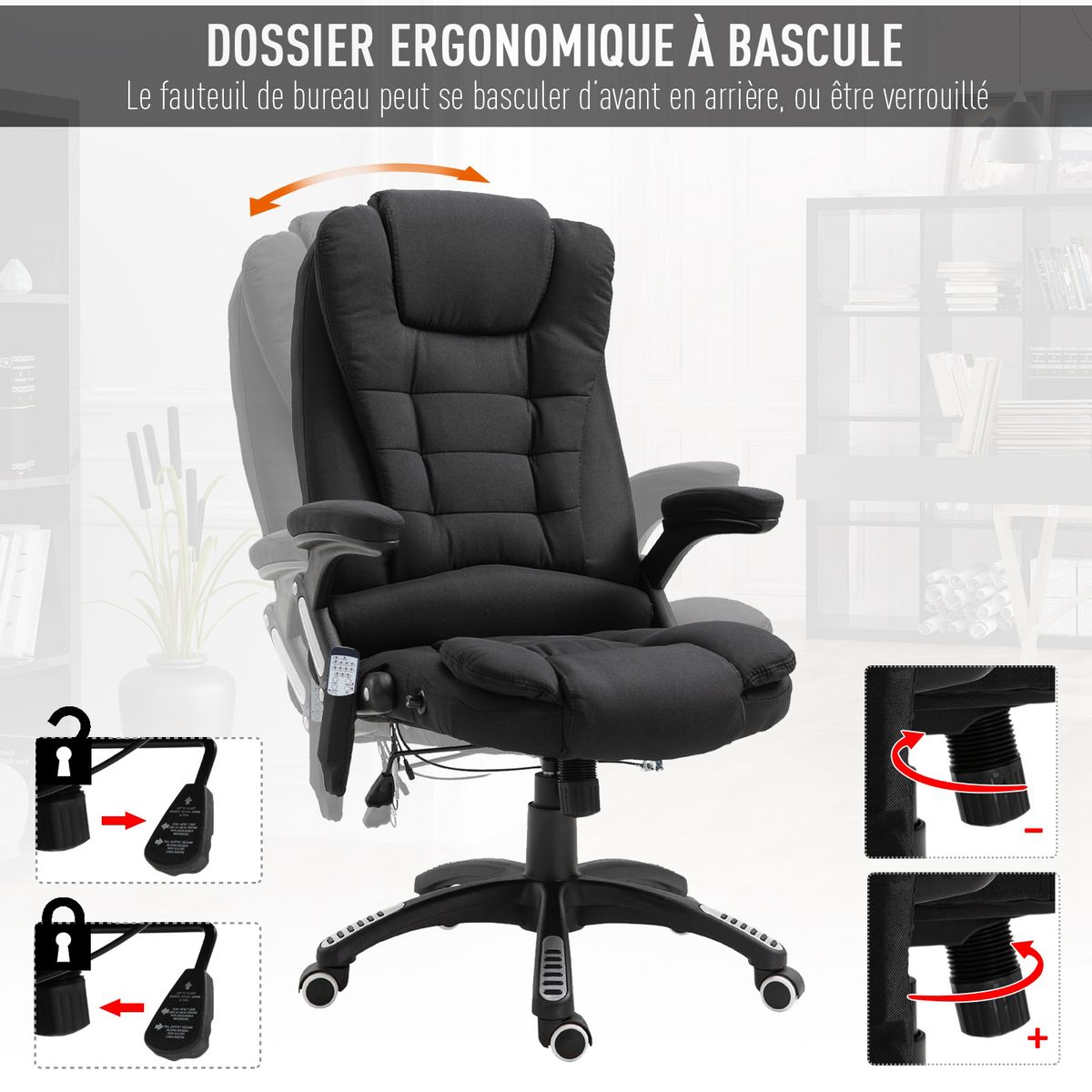 HOMCOM Fauteuil de bureau direction massant chauffant hauteur réglable dossier inclinable toile de lin noir
