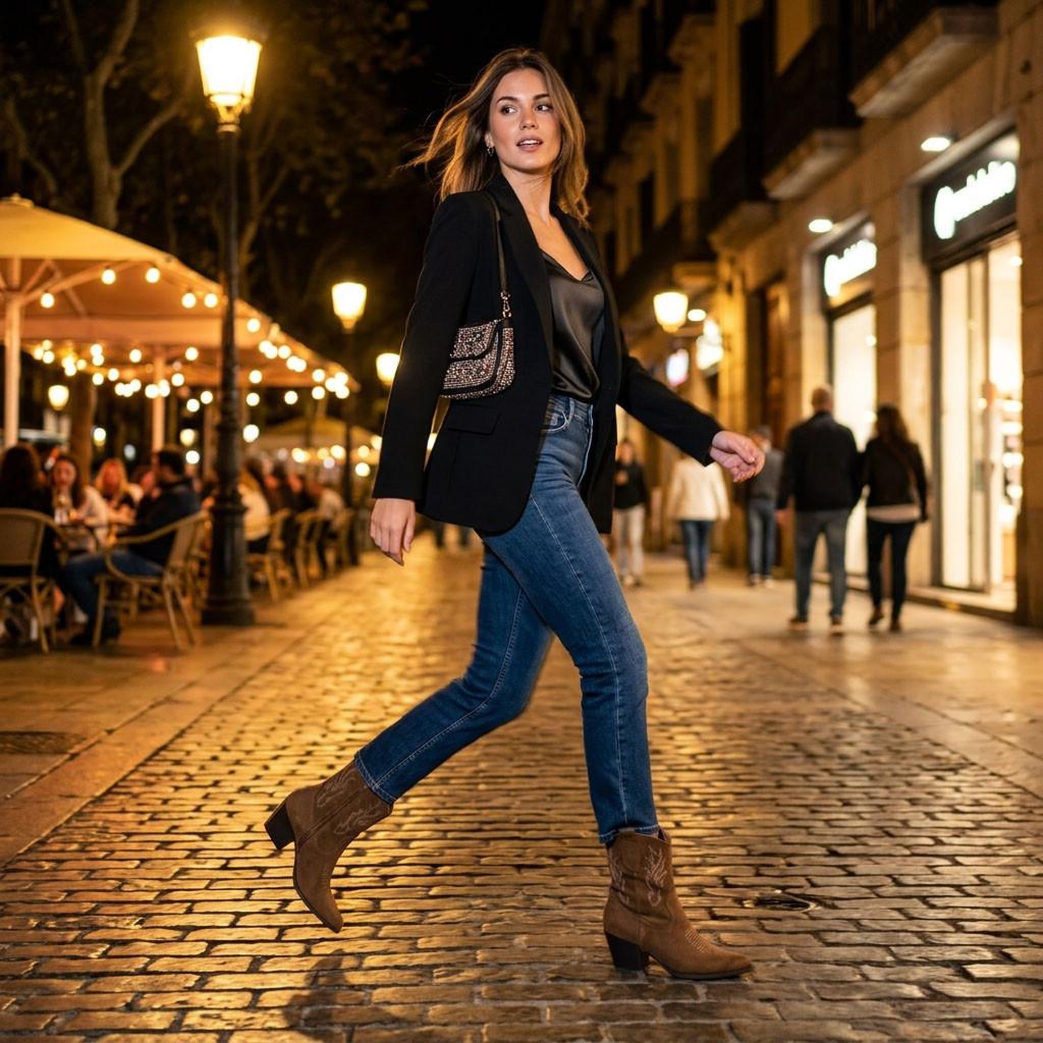 Voir la diapositive 5 : OZABI OZABI Bottines Santiag Femme Suédine Talon Bloc 6 cm Bout Pointu Mi-Mollet