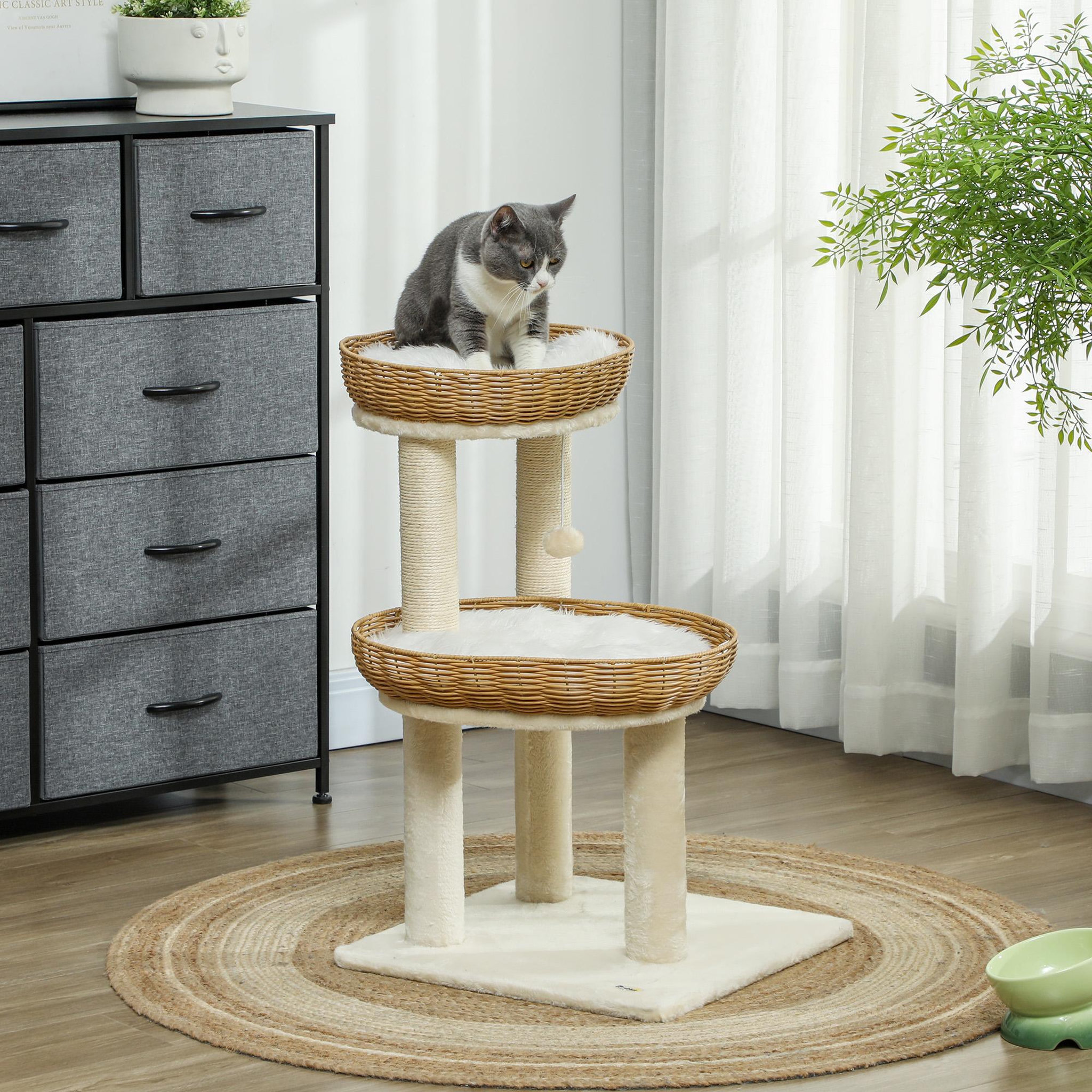 Voir la diapositive 2 : PAWHUT Arbre à chat style bohème aspect rotin tressé - griffoirs, 2 paniers coussins effet fourrure, balle suspendue - beige