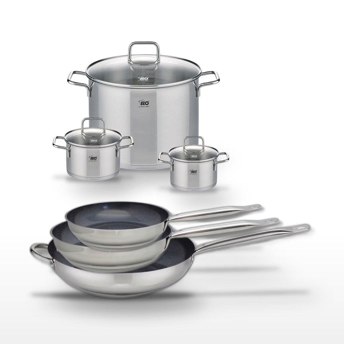 ELO Lot de 3 Poêles céramique 24/28/32 cm Elo Profi Therm Platinum et 3 Faitouts Elo Citrin