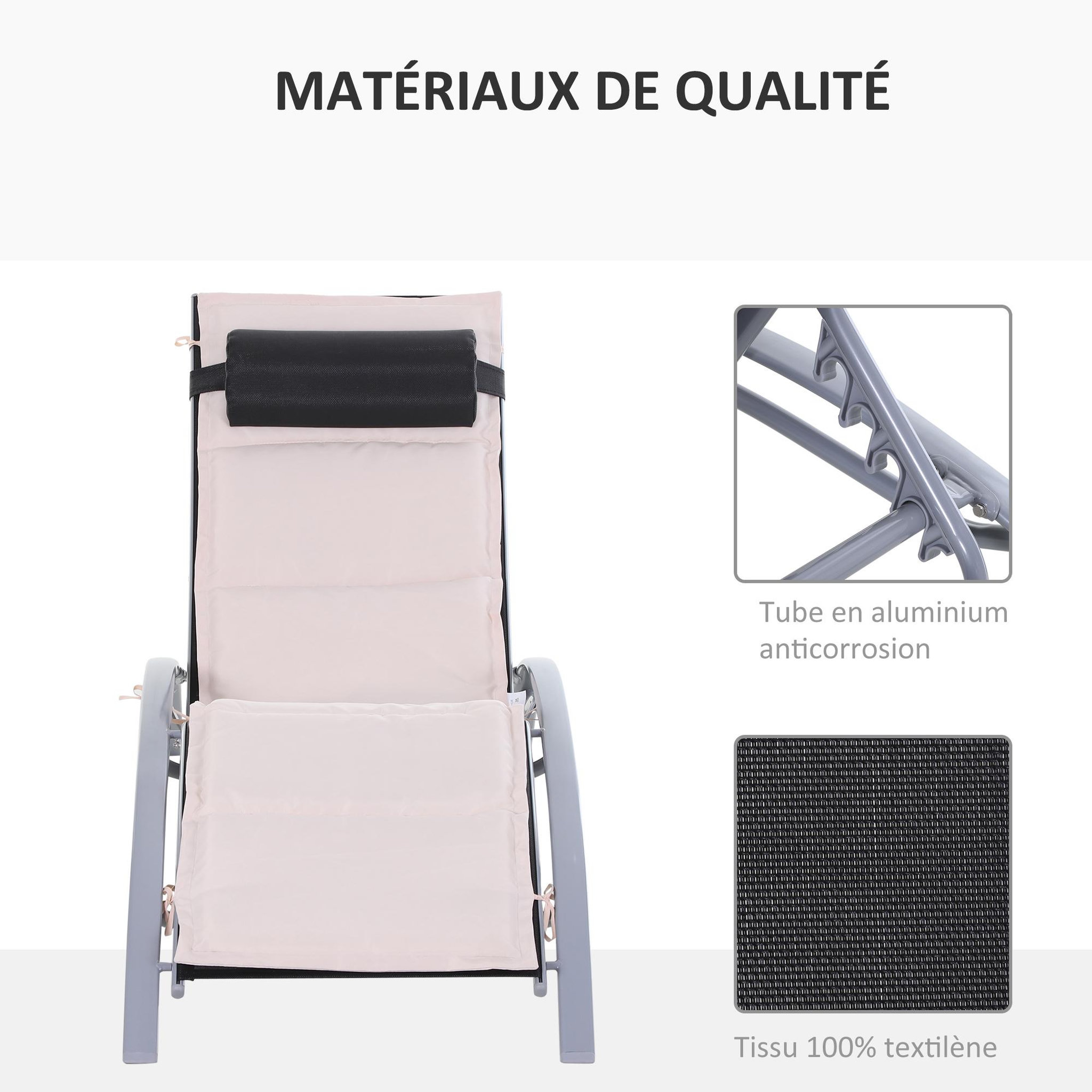 Voir la diapositive 4 : OUTSUNNY Bain de soleil transat design contemporain inclinable multi-positions avec matelas et tétière dim. 170L x 64l x 82H cm alu textilène beige