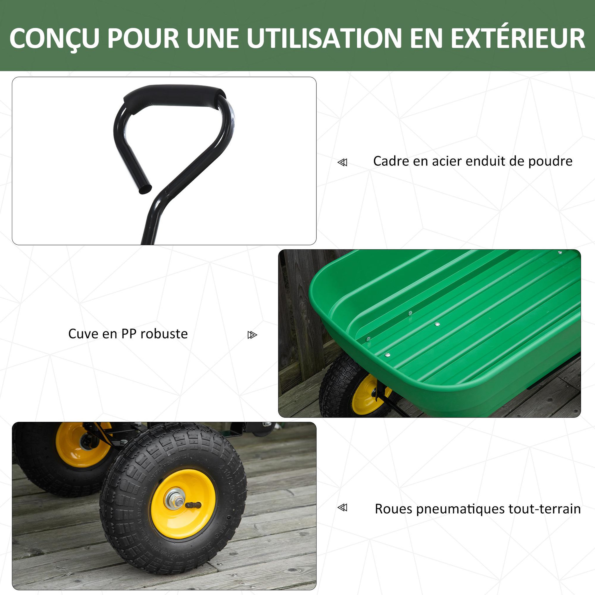 Voir la diapositive 6 : OUTSUNNY Chariot de jardin à main benne basculante 75° 125L charge max. 200 Kg 4 roues pneumatiques acier PP jaune vert