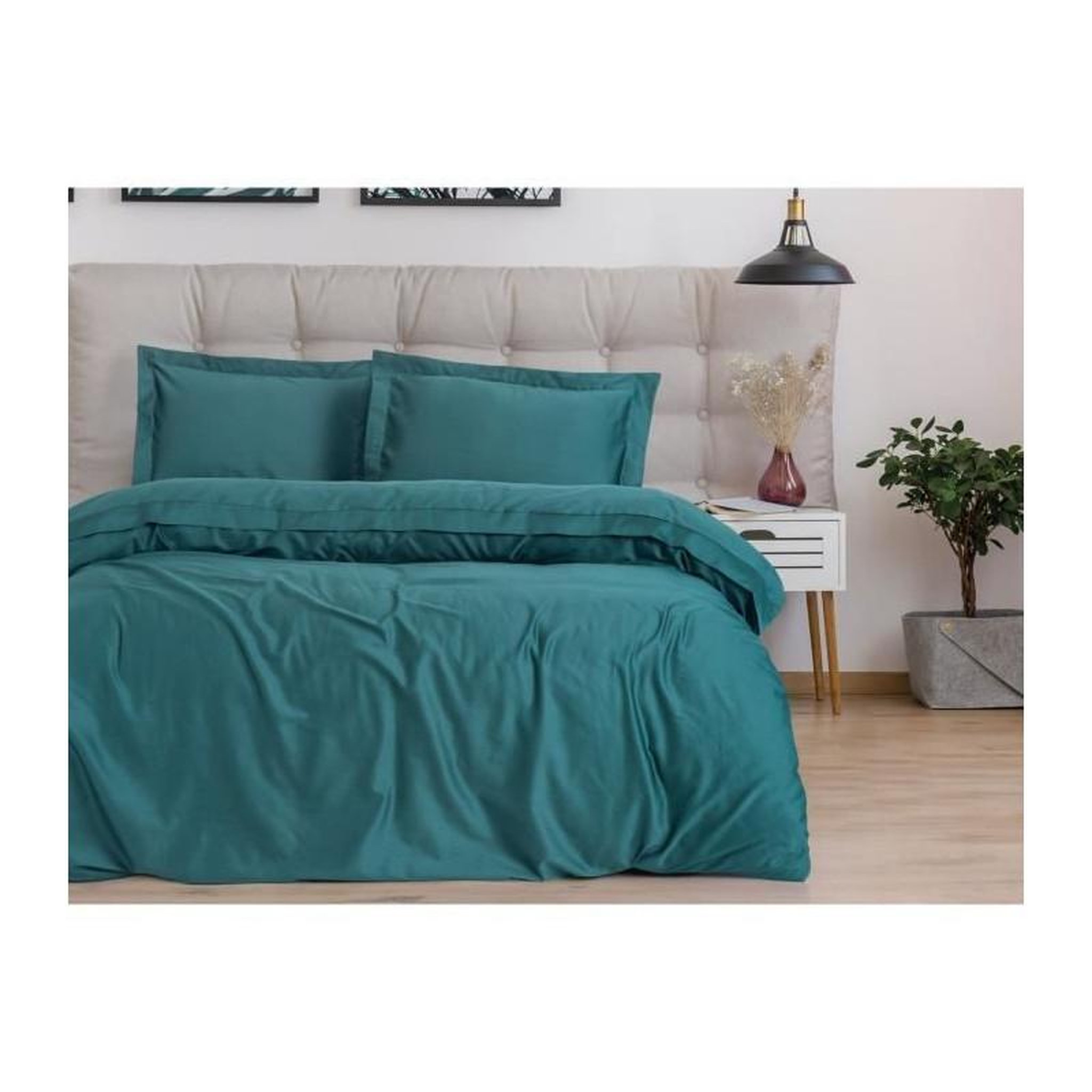 Voir la diapositive 3 : GENERIQUE Parure de lit - 129CTN63978 - 1 housse de couette 220 x 240 cm + 2 taies d'oreiller 60 x 60 cm - Satiné 100% coton - Bleu