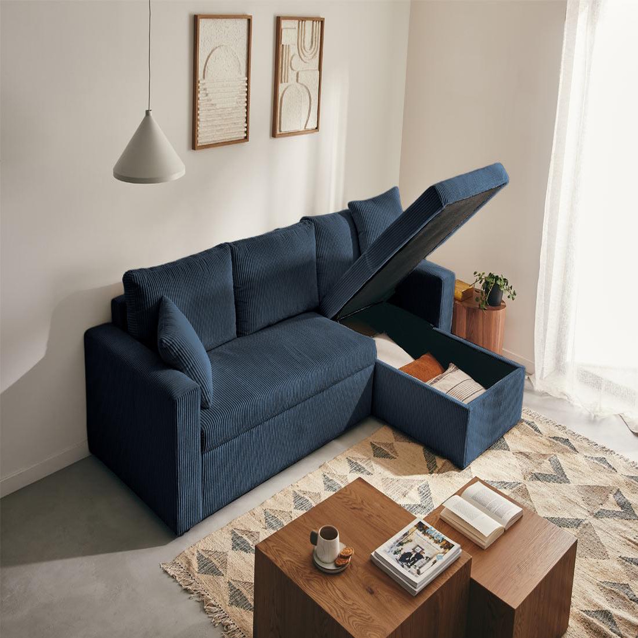Voir la diapositive 2 : BEST MOBILIER Cyrus - canapé d'angle réversible 4 places - convertible avec coffre - en velours côtelé