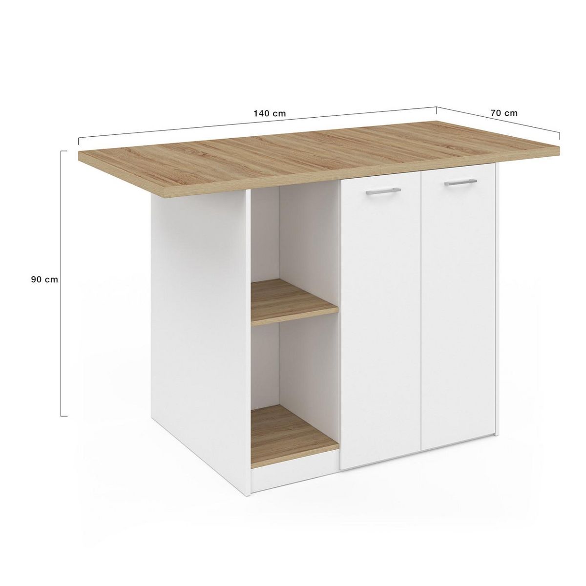 ID MARKET Ilot central BAO 140 cm 4 personnes bois blanc avec plan de travail façon hêtre
