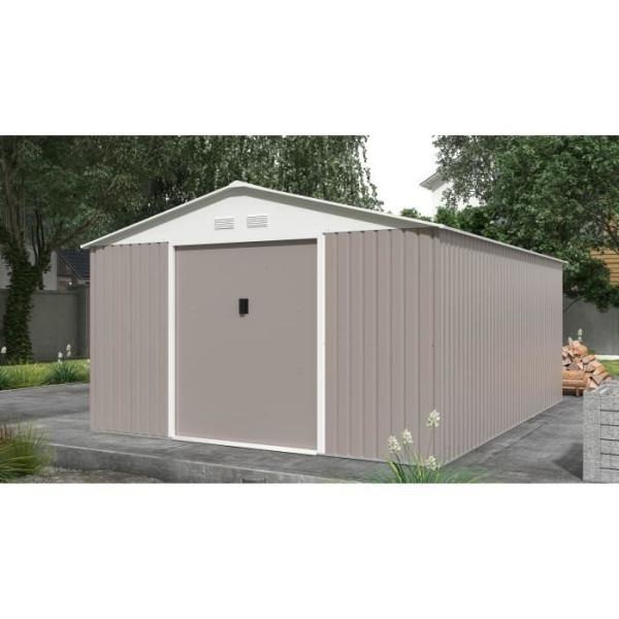 Voir la diapositive 2 : MARKET24 SATURNE Abri de jardin en métal 15,16 m² - 340 x 446 x 210 - Kit d'ancrage inclus, 2 portes coulissantes - Taupe