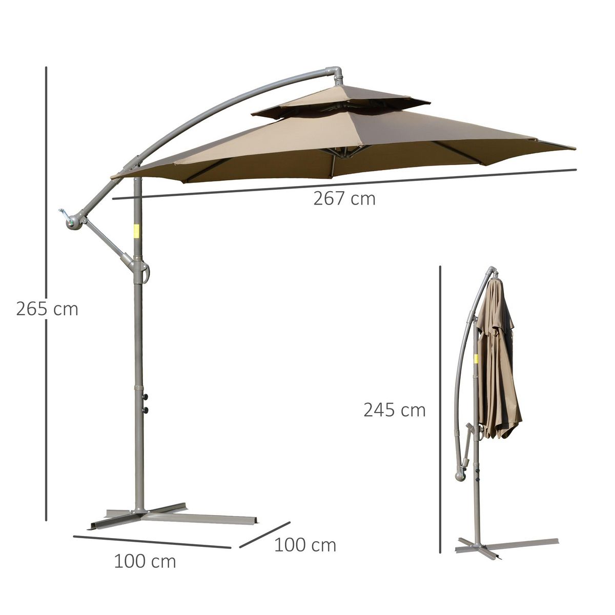 OUTSUNNY Parasol déporté octogonal inclinable manivelle Ø 2,65 x 2,45H m acier époxy polyester marron