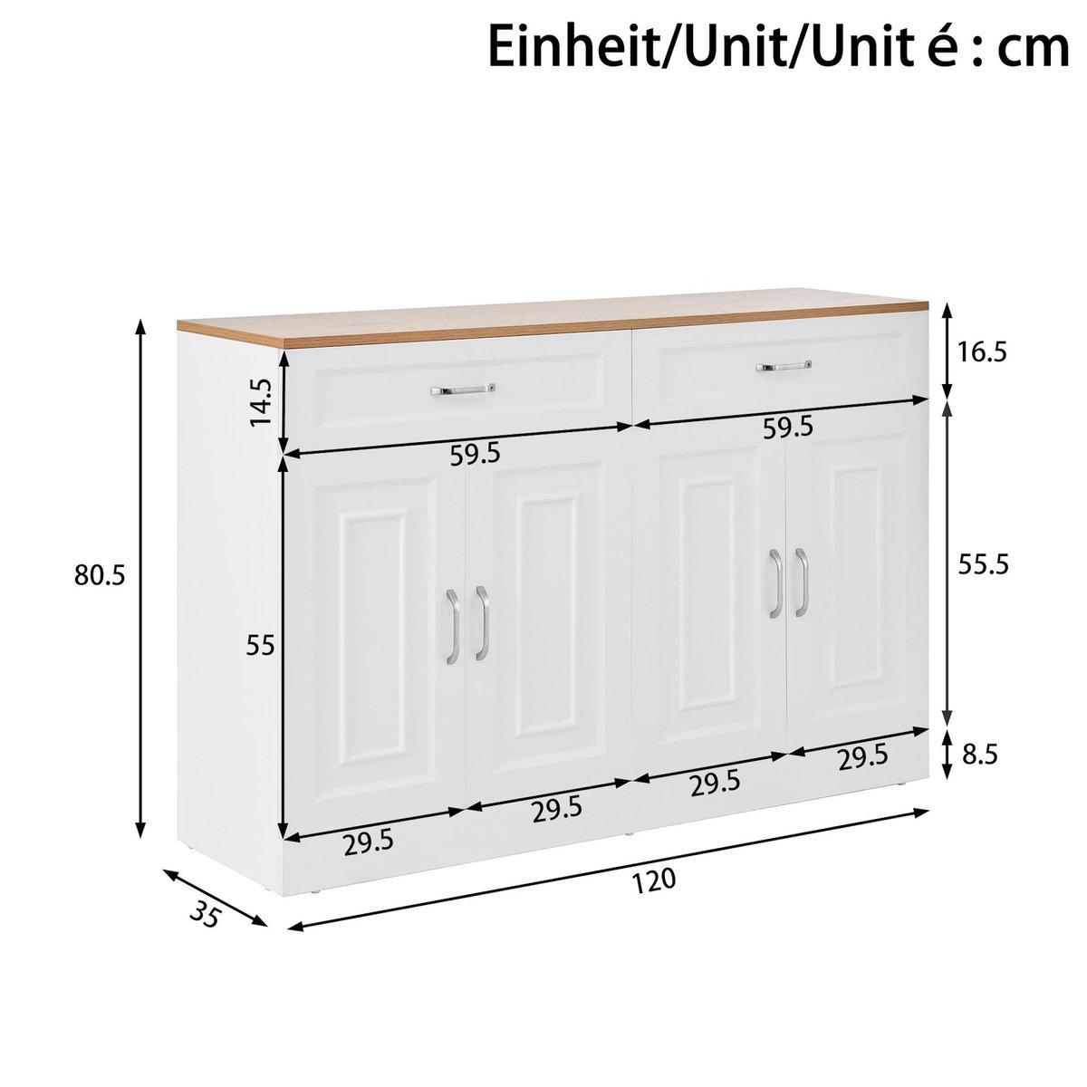 MERAX Buffet 4 porte(s) 2 tiroir(s) - 120 cm blanc+naturel panneau de particules
