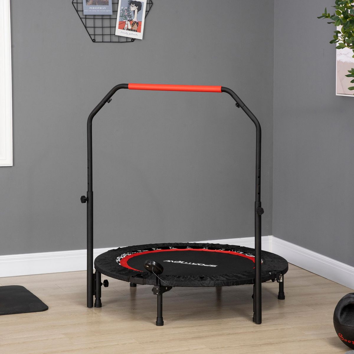 HOMCOM Trampoline de Fitness gym pliable - poignée réglable, écran LCD, 28 ressorts - Ø 102 cm - noir rouge