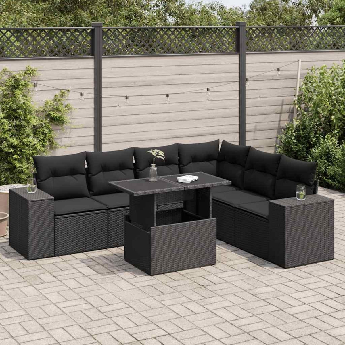 VIDAXL Salon de jardin 7 pcs avec coussins noir resine tressee