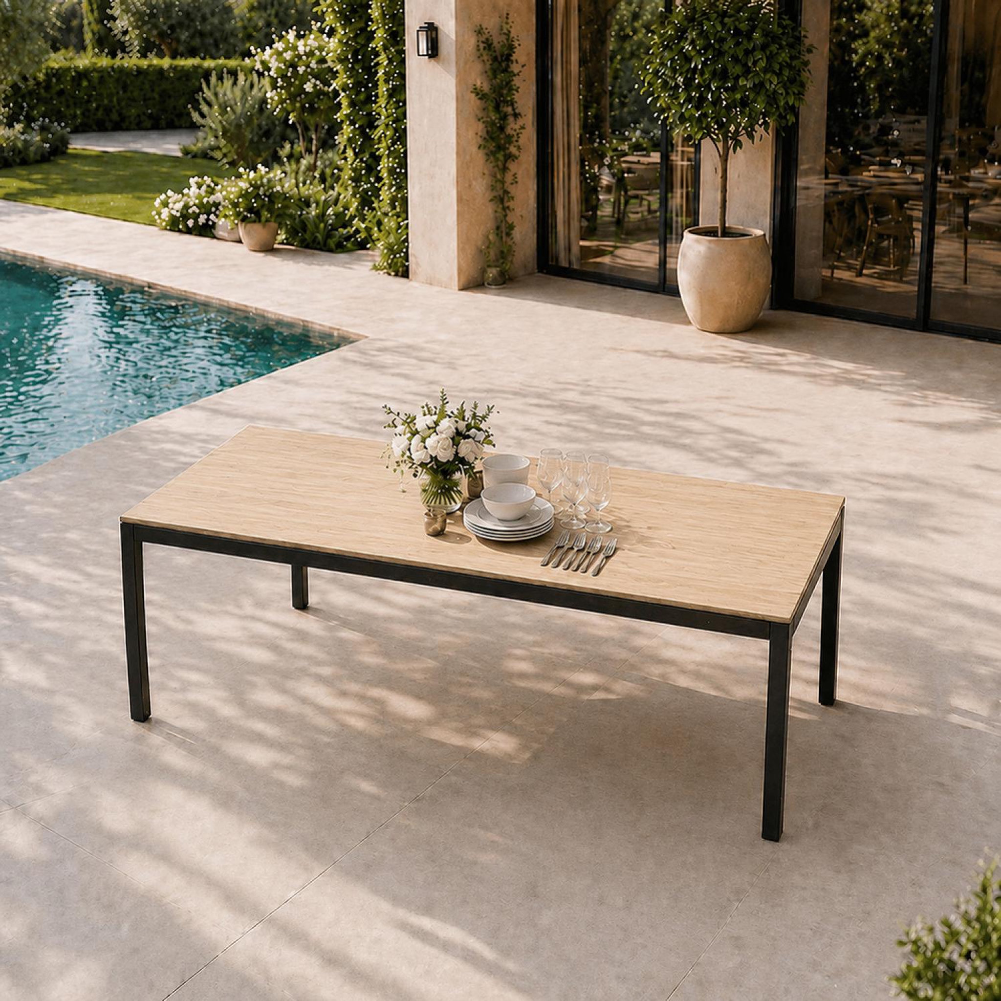 Voir la diapositive 5 : CONCEPT USINE Table de jardin 190cm 8 personnes avec plateau en verre trempé effet bois brisbane