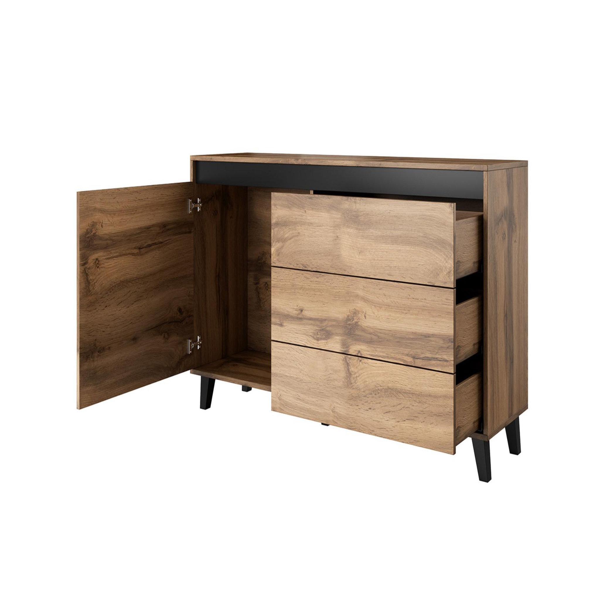 Voir la diapositive 2 : BEST MOBILIER Lord - buffet bas - effet bois et noir - 3 tiroirs et 1 porte - 138 cm